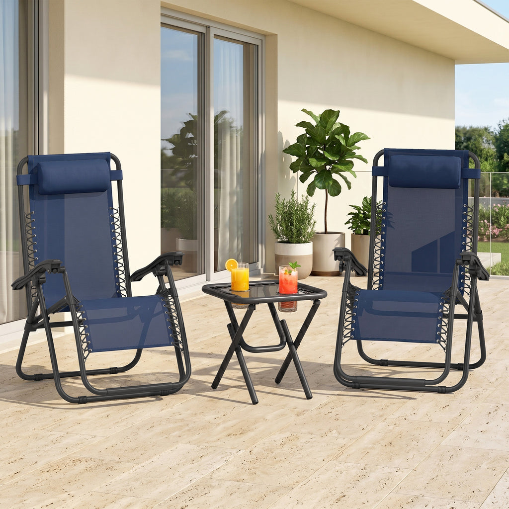 Zero Gravity Chair Set of 2 Patio Chair with Side Table Cupholders and Pillows for Pool, Backyard, Lawn, Blue