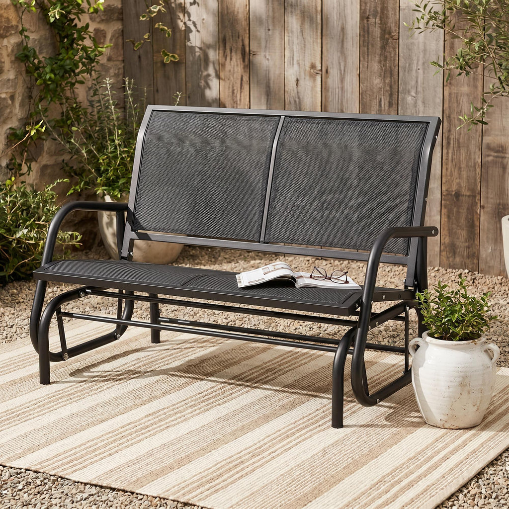 Patio Double Glider Outdoor Steel Sling Fabric Gliding Bench Garden Swing Chair Heavy-Duty Porch Rocker Garden Loveseat Grey