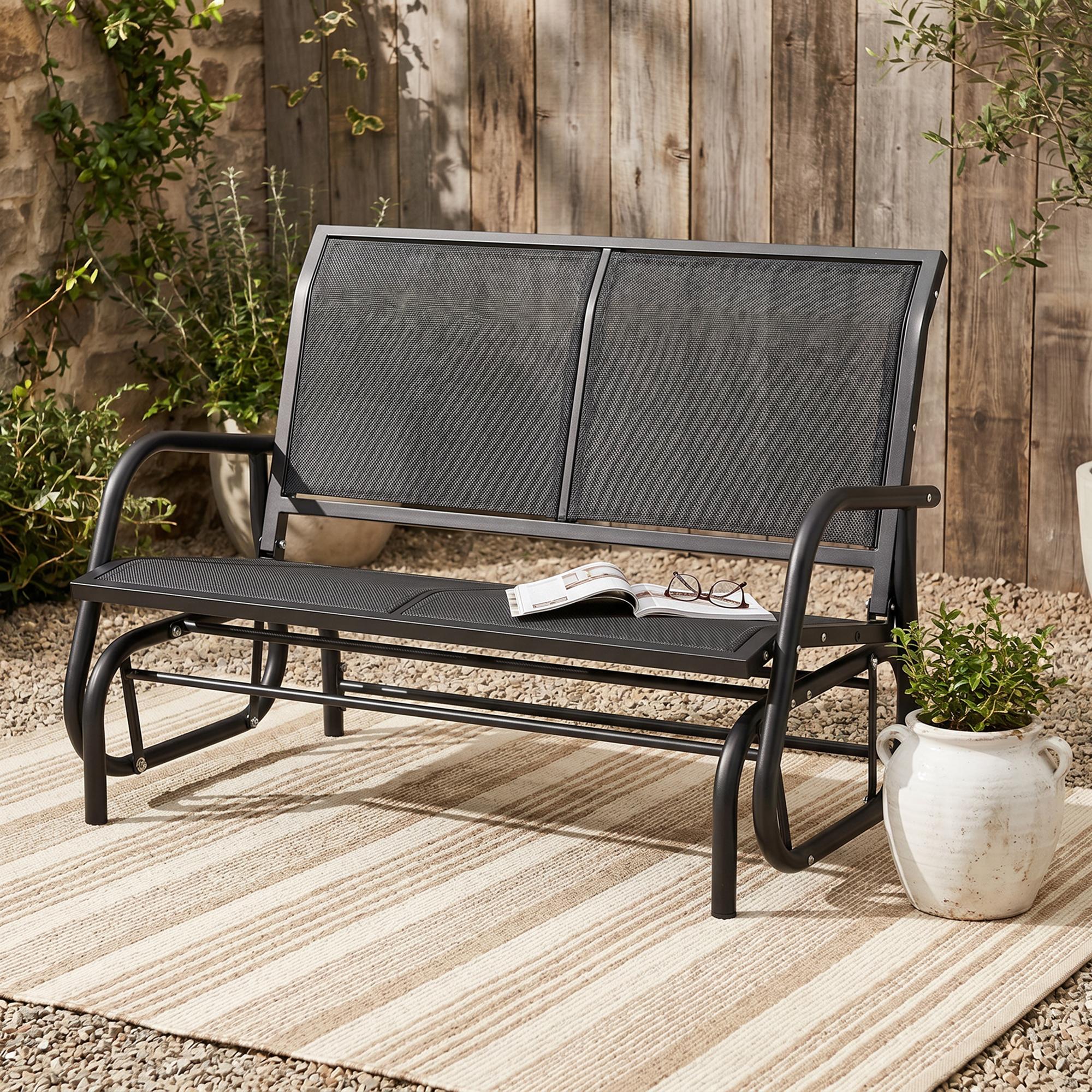 Patio Double Glider Outdoor Steel Sling Fabric Gliding Bench Garden Swing Chair Heavy-Duty Porch Rocker Garden Loveseat Grey