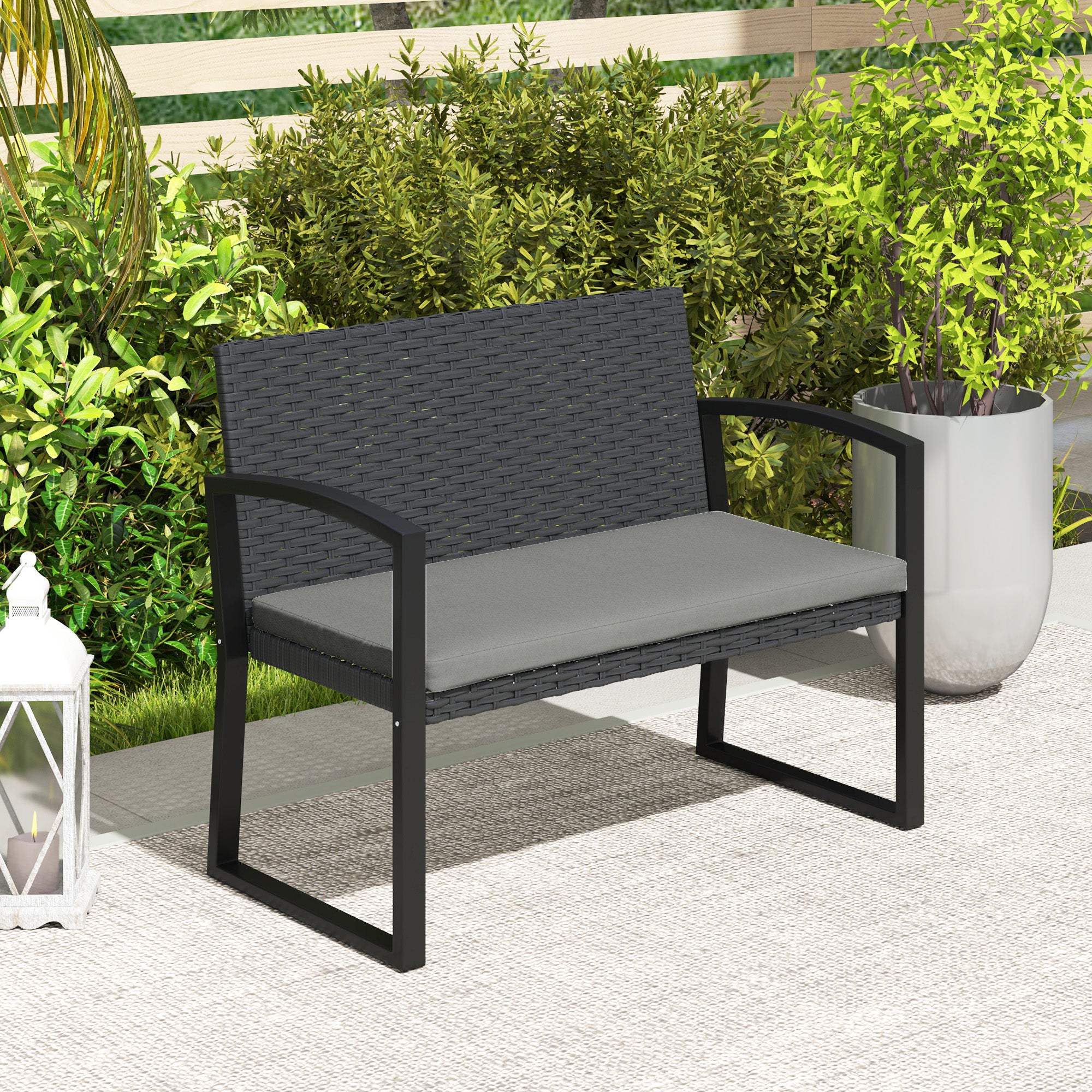 2 Seater Outdoor Bench, Rattan Garden Bench Loveseat with Cushion, Armrests, Steel Frame for Patio, Porch, Light Grey