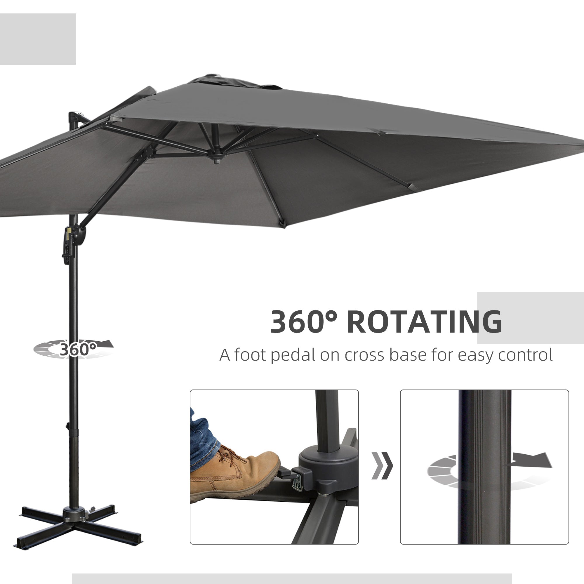 9ft Cantilever Patio Umbrella, Square Overhanging Umbrella with Cross Base, Crank Handle, Tilt, 360Â° Rotation and Aluminum Frame, Dark Grey