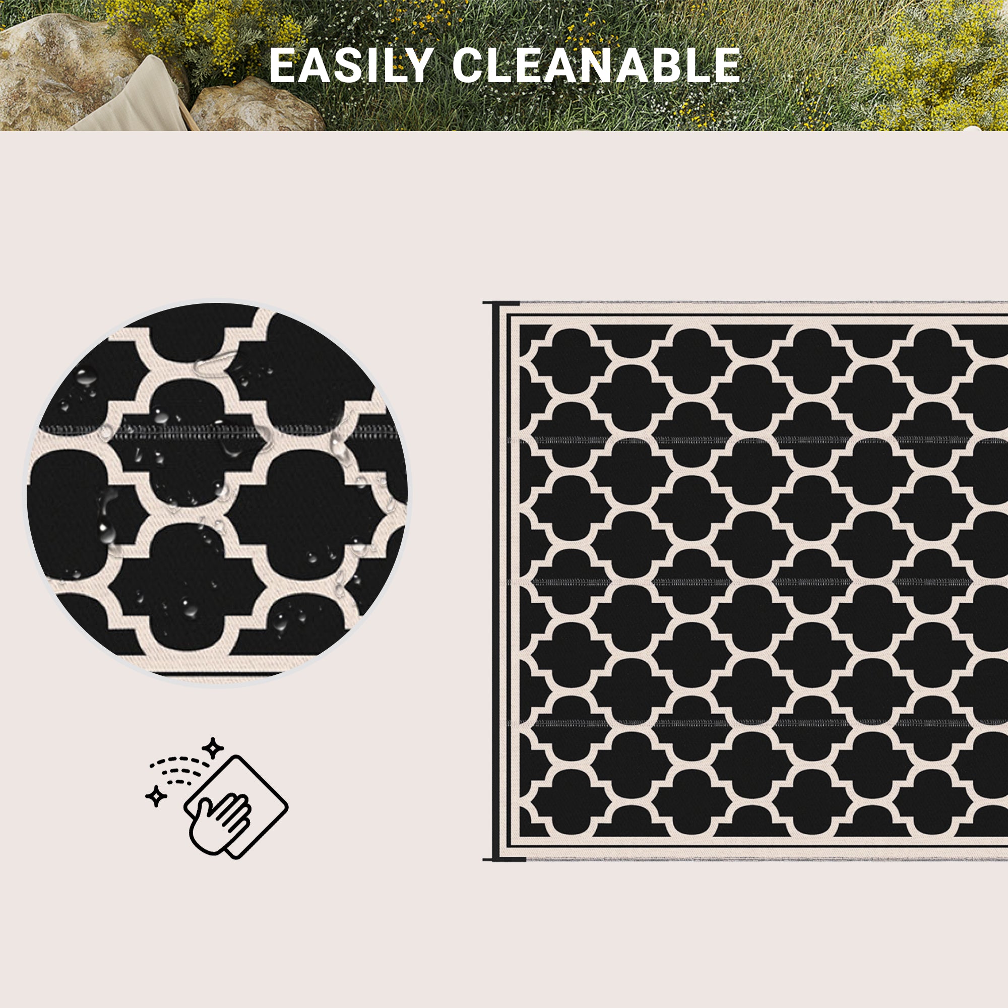 Reversible Outdoor RV Rug, 9' x 18' Patio Floor Mat, Plastic Straw Rug for Backyard, Deck, Picnic, Beach, Camping, Black and Beige