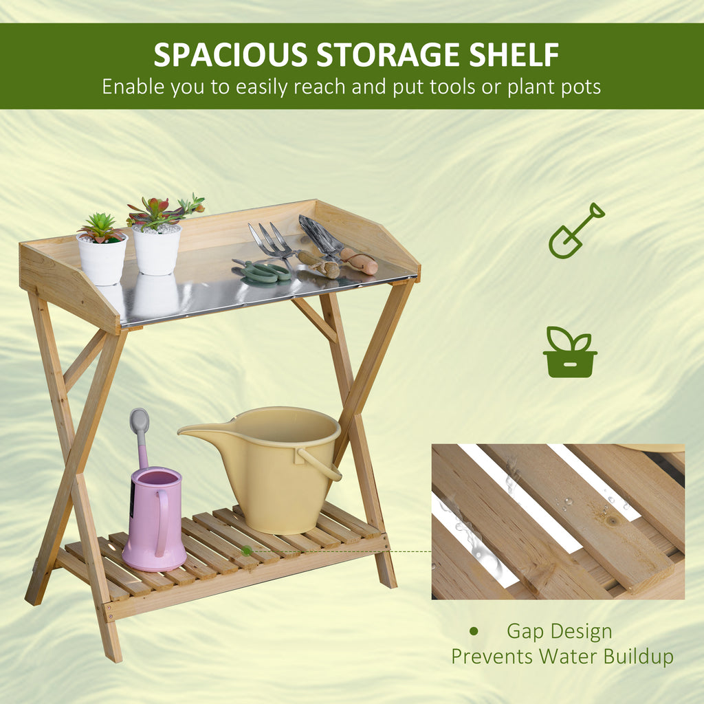 Garden Potting Bench Table, Wooden Work Station, Outdoor Planting Workbench w/ Galvanized Metal Tabletop and Storage Shelf