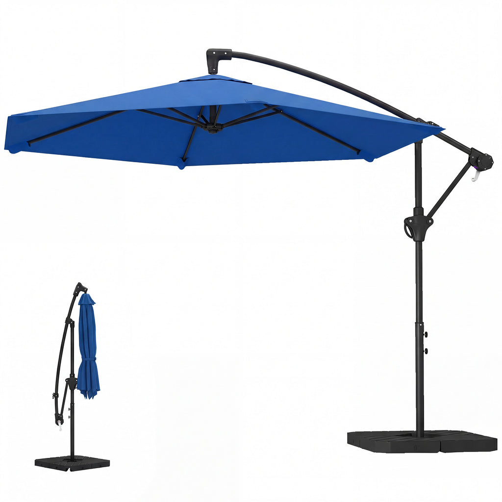 9.7 ft Offset Patio Umbrella with Water/Sand Fillable Weights, Garden Hanging Parasol with Locking Latch, Navy Blue
