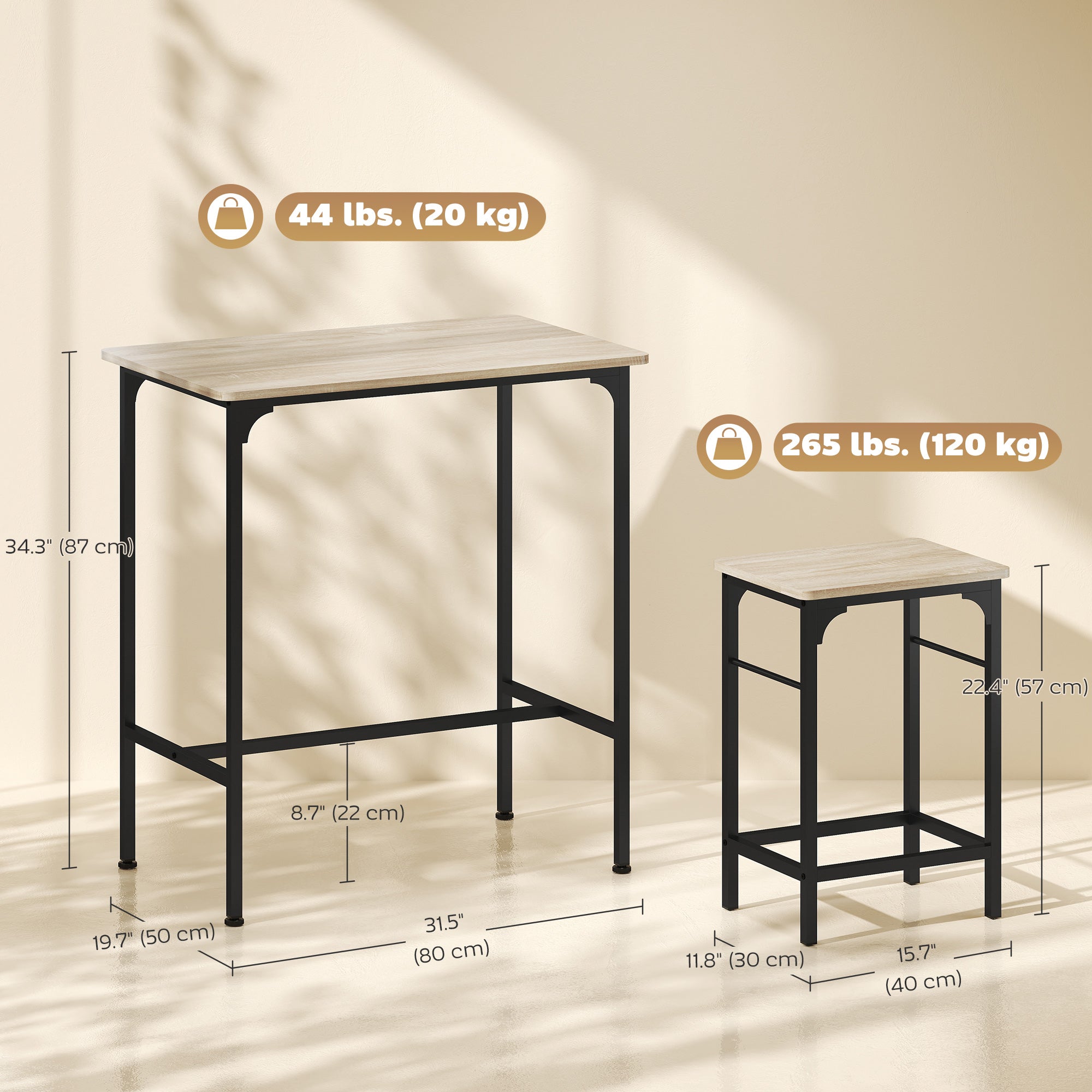 3-Piece Dining Table Set for 2, Bar Table and 2 Stools for Kitchen, Living Room, Dining Room, Small Space, Natural Wood