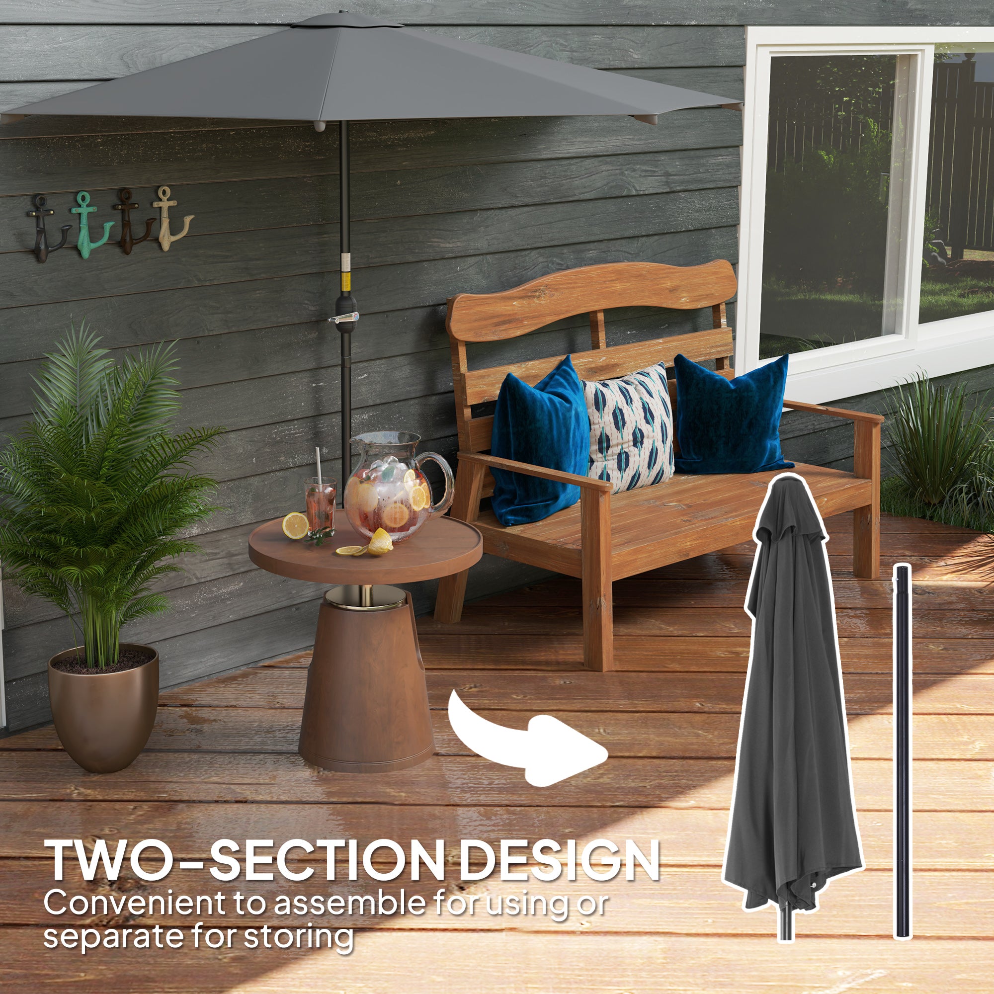 9.8ft Half Umbrella Semi Round Patio Parasol with Crank Handle, Top Vent for Garden, Balcony- NO BASE INCLUDED Dark Grey