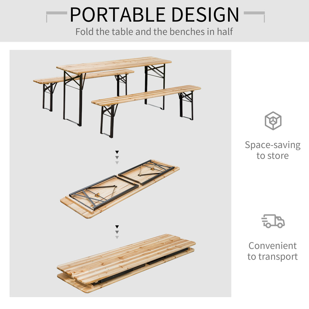 3 Pieces Folding Picnic Table Set, Portable Folding Picnic Table and Benches with Steel Frame for Garden, Park, Natural Wood