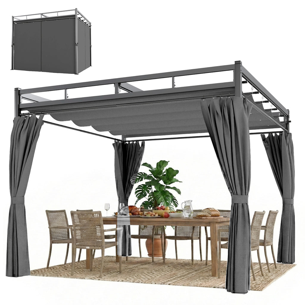 10' x 10' Outdoor Gazebo, Retractable Pergola Canopy with Curtains, UPF30+ Free Standing Metal Pergola Kit, Dark Grey