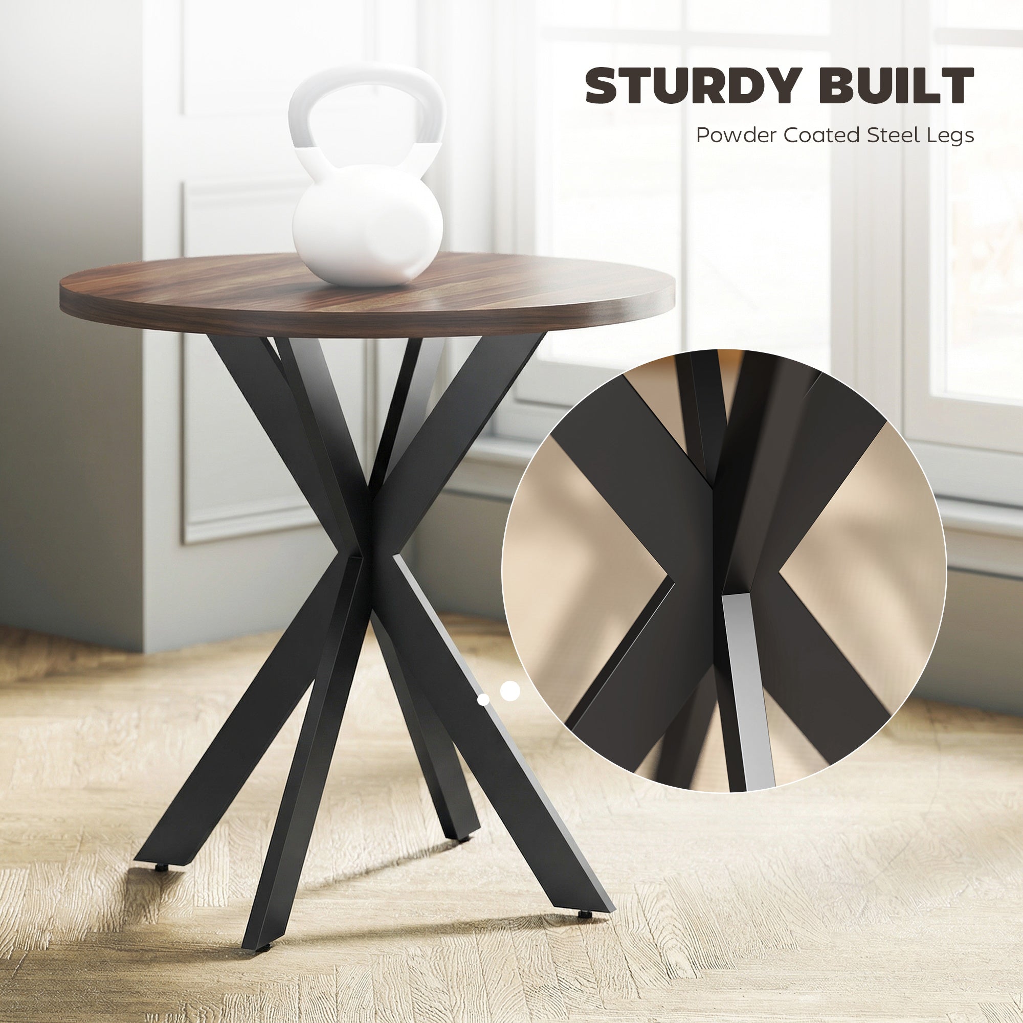 29" Dining Table, Contemporary Round Kitchen Table with Steel Legs, Walnut