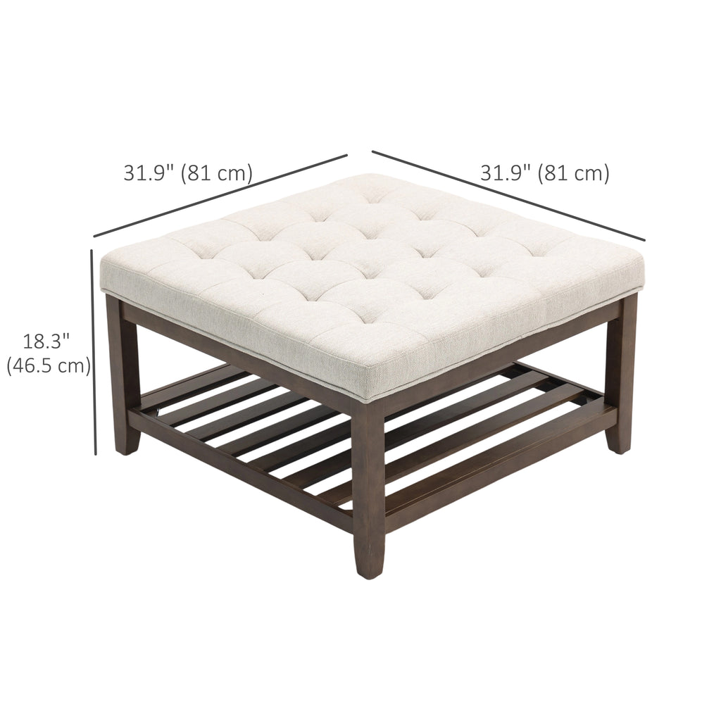 Ottoman Coffee Table, 32 Inch Square Footrest Ottoman with Storage, Linen Upholstered Tufted Footstool, Beige
