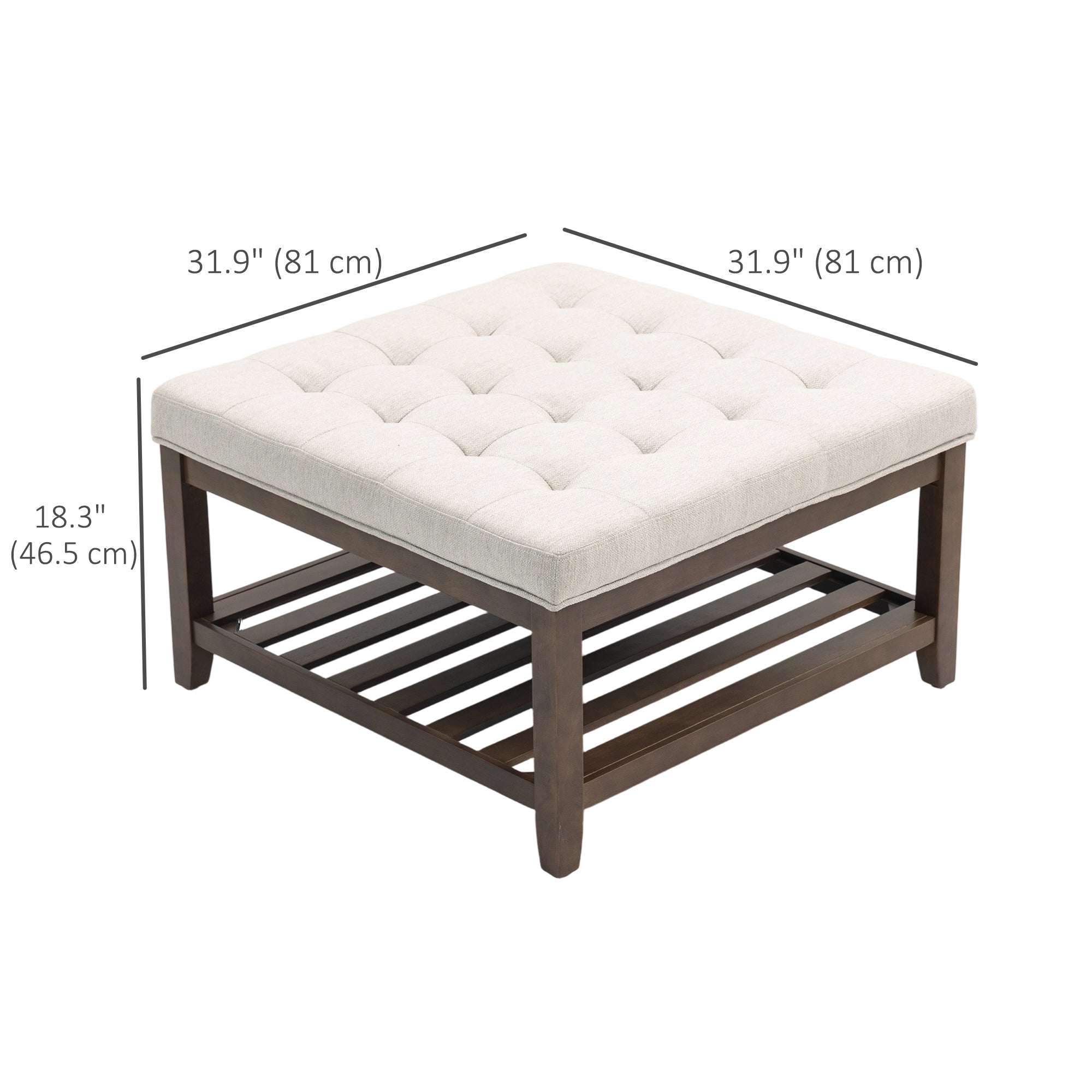 Ottoman Coffee Table, 32 Inch Square Footrest Ottoman with Storage, Linen Upholstered Tufted Footstool, Beige