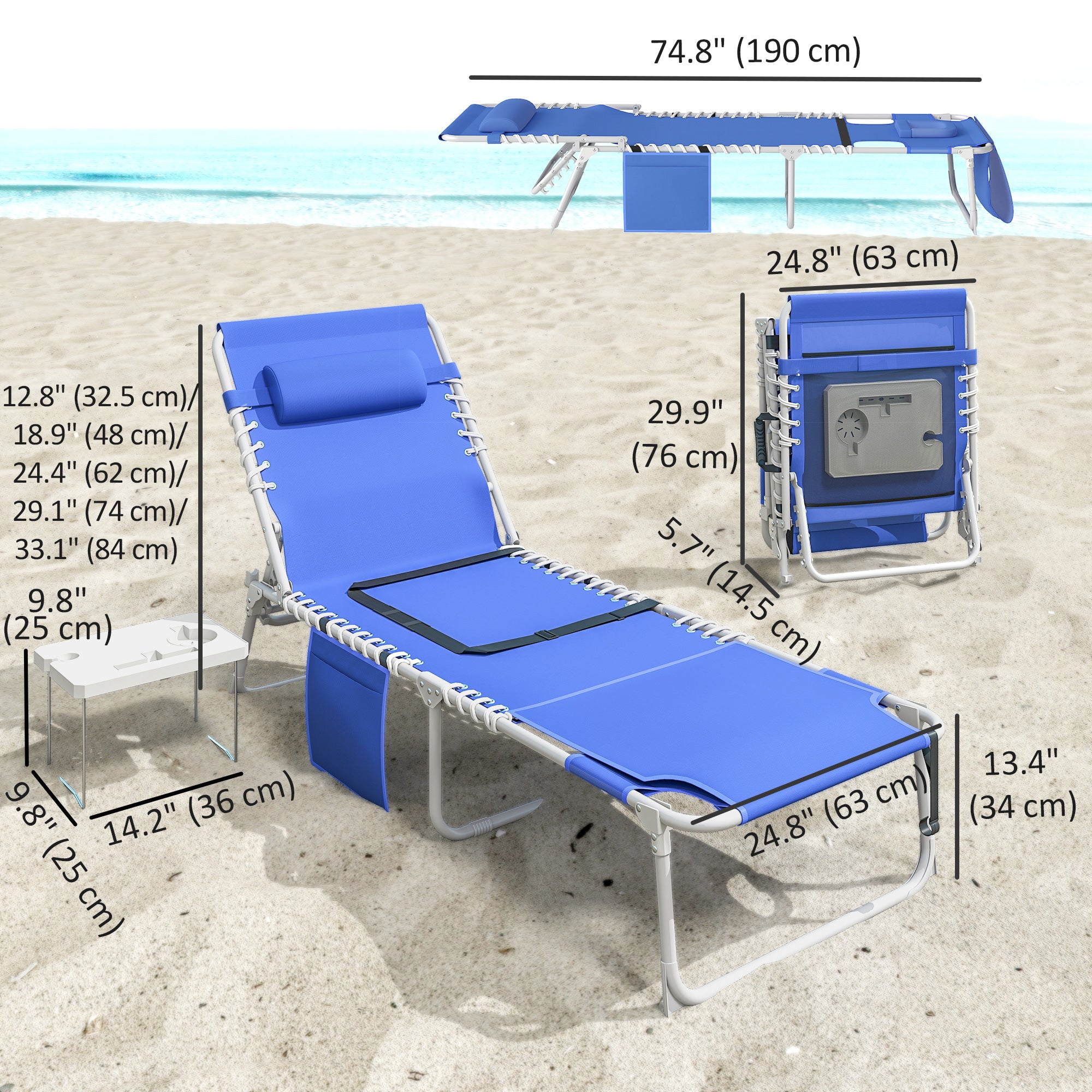 Tanning Chair with Face Hole and Side Table, Folding Outdoor Lounge Chair with Carry Straps, Side Pocket, Navy Blue