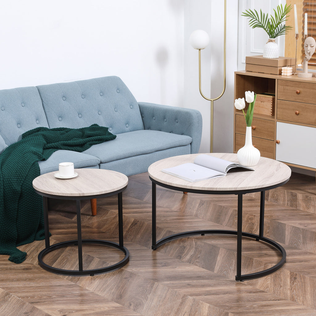 Nesting Coffee Tables Set of 2, Round Coffee Table with Metal Frame, Living Room Tables, Grey Wood Grain
