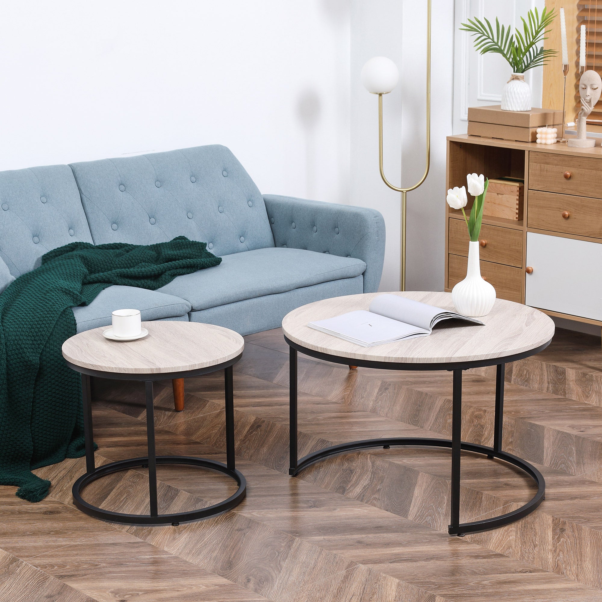 Nesting Coffee Tables Set of 2, Round Coffee Table with Metal Frame, Living Room Tables, Grey Wood Grain