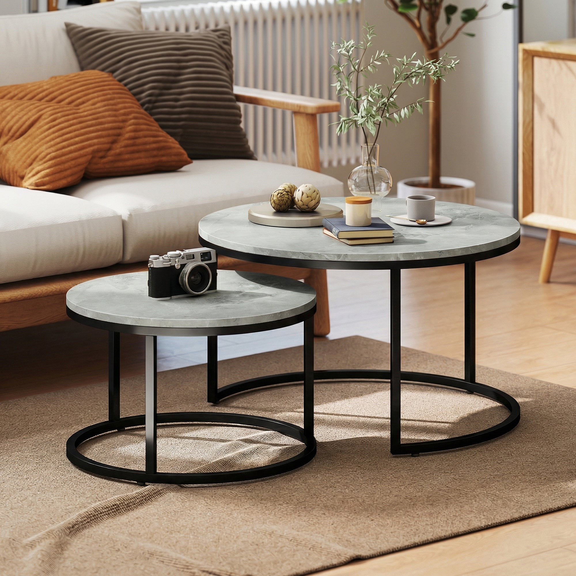 Modern Coffee Table Set of 2, Nesting Side Tables w/ Metal Base for Living Room Bedroom Office Marble Grey