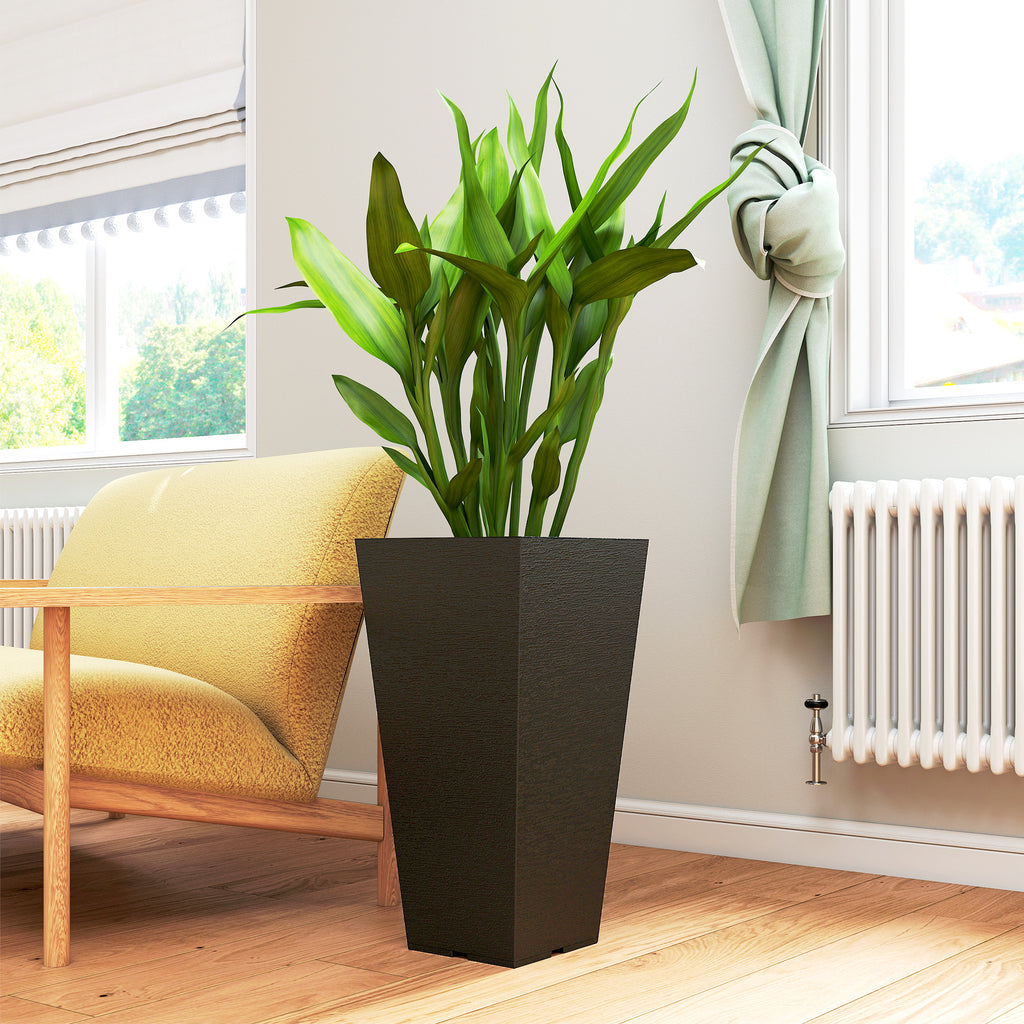 23" Tall Planters Set of 2, Indoor Outdoor Stackable Taper Planters with Marble Finish and Drainage Holes, Black