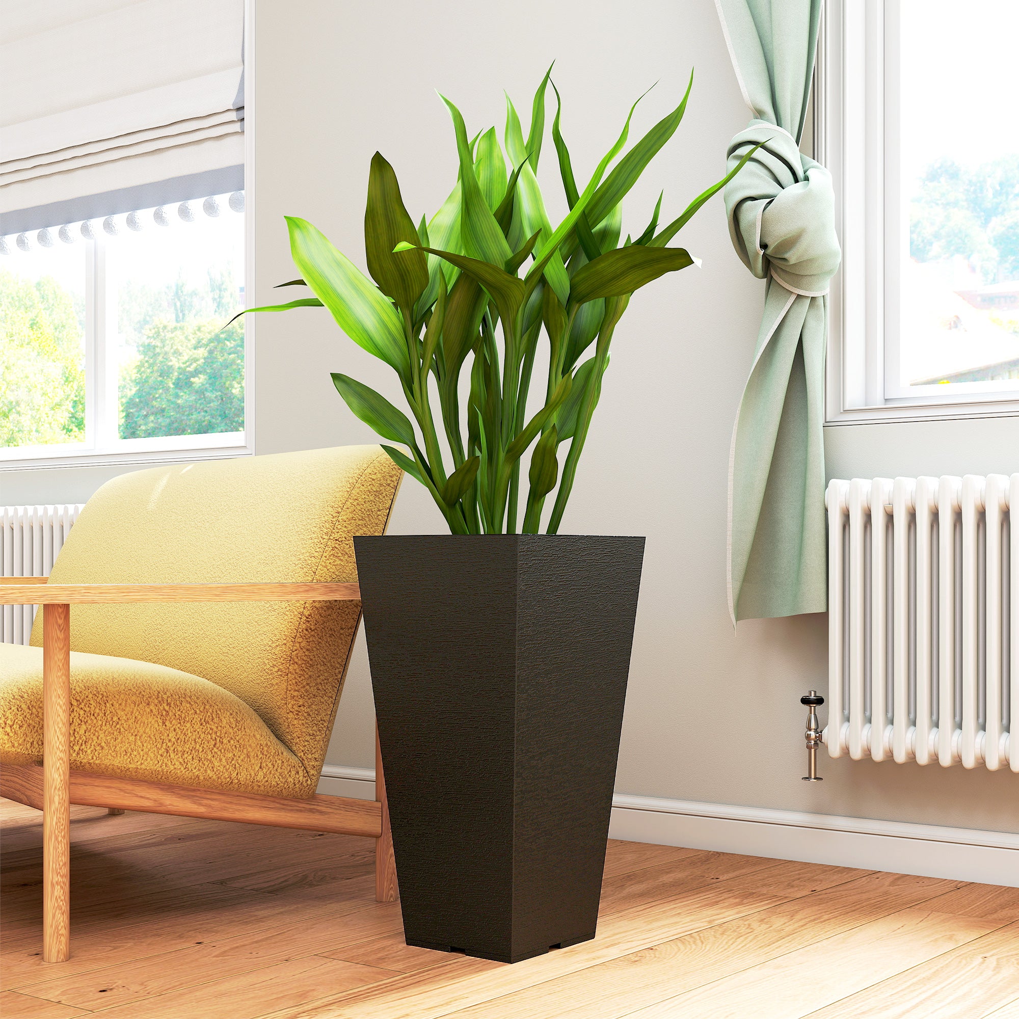 23" Tall Planters Set of 2, Indoor Outdoor Stackable Taper Planters with Marble Finish and Drainage Holes, Black