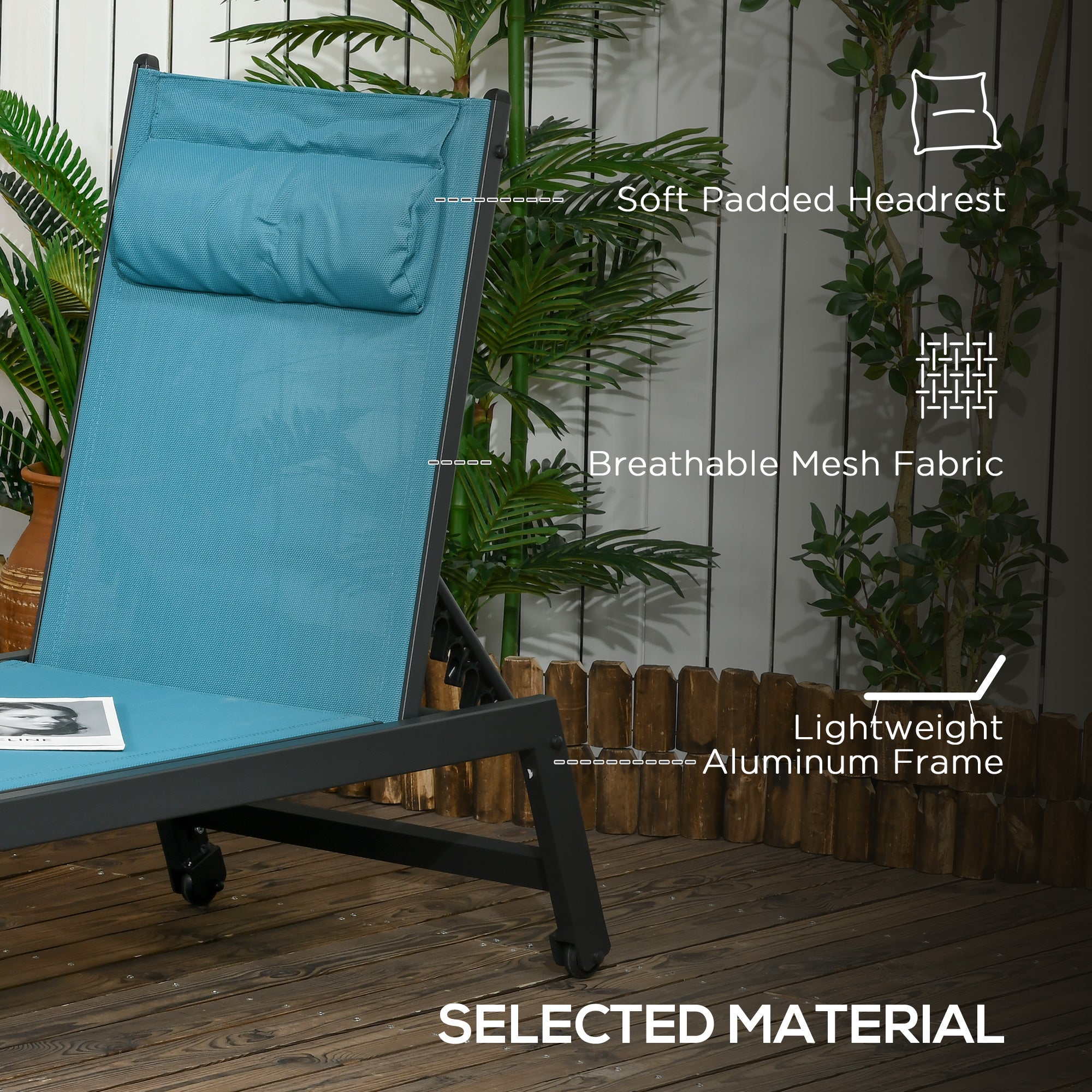 Outdoor Lounge Chair, 5-Position Tanning Chair with Wheels, Headrest, Aluminum Frame for Poolside, Beach, Blue