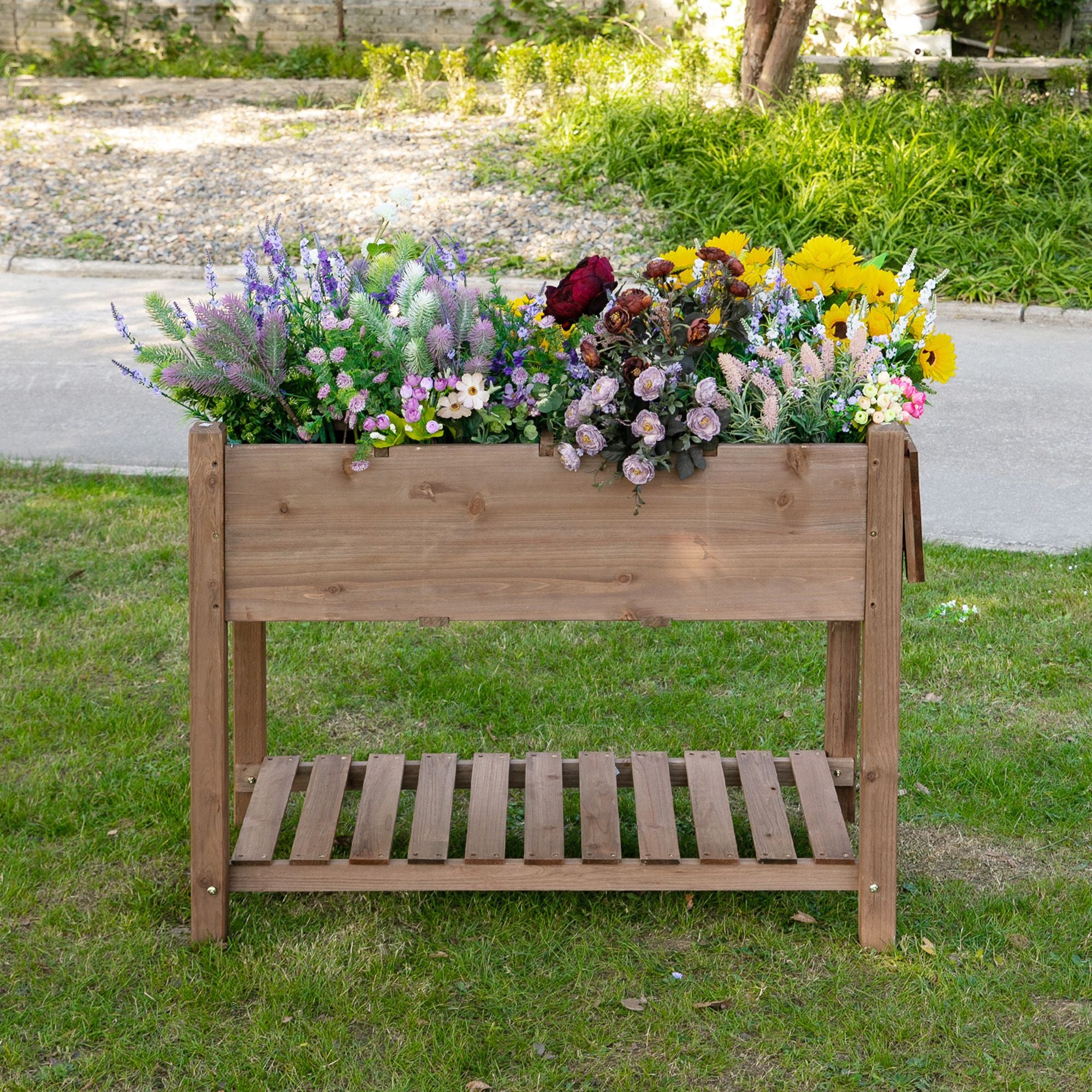Raised Garden Bed with 8 Grids and Storage Shelf, Elevated Planter Box with Legs, for Vegetables Flowers Herbs, Brown