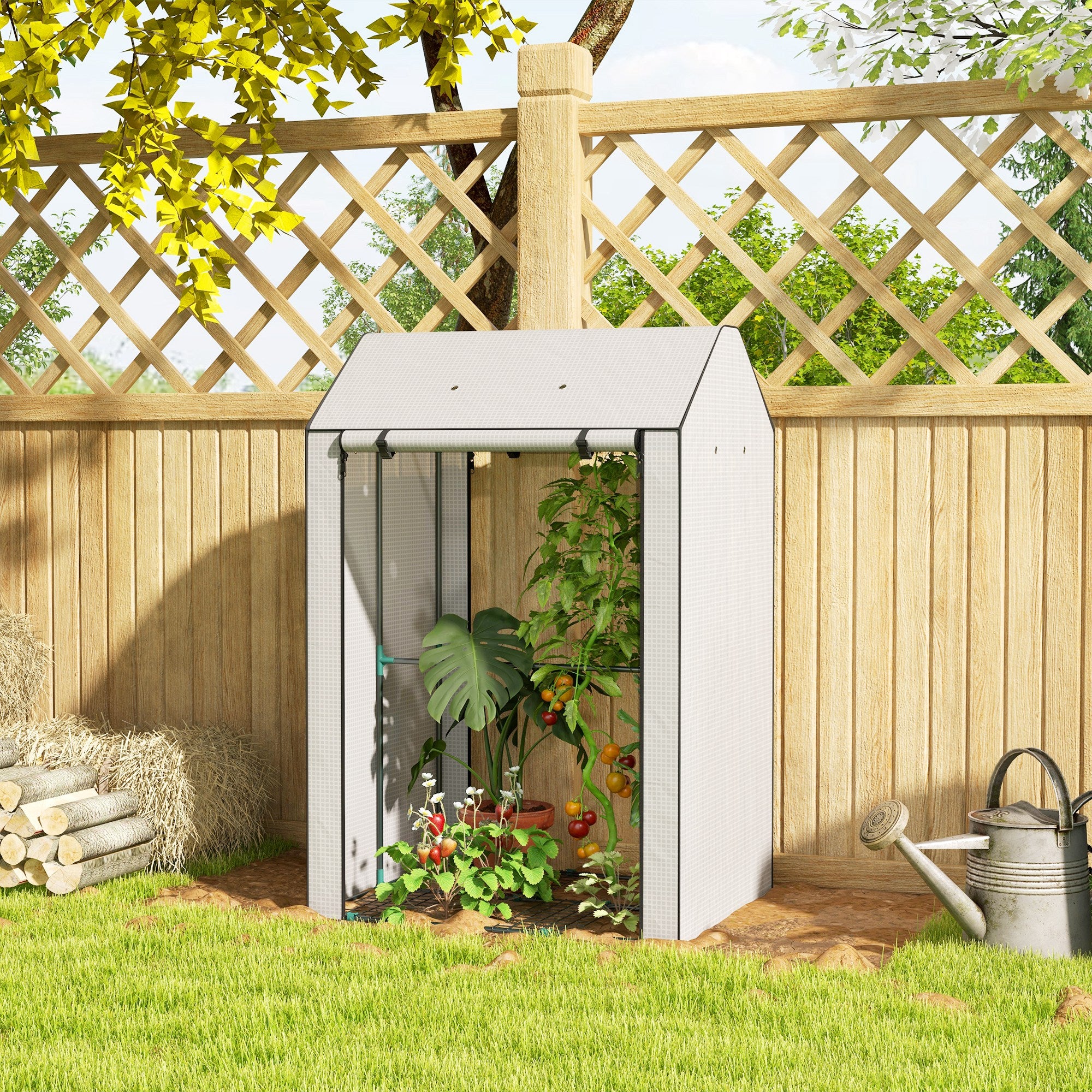 Mini Greenhouse with 4 Wire Shelves, Portable Tomato Greenhouse with Roll Up Door, 39.4" x 31.5" x 59.1", White