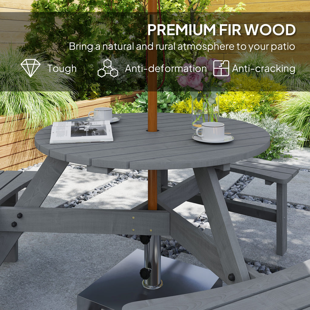 6 Person Round Picnic Table Bench Set with Umbrella Hole, Wood Patio Table with 3 Built-in Benches for Garden, Deck, Backyard, Grey
