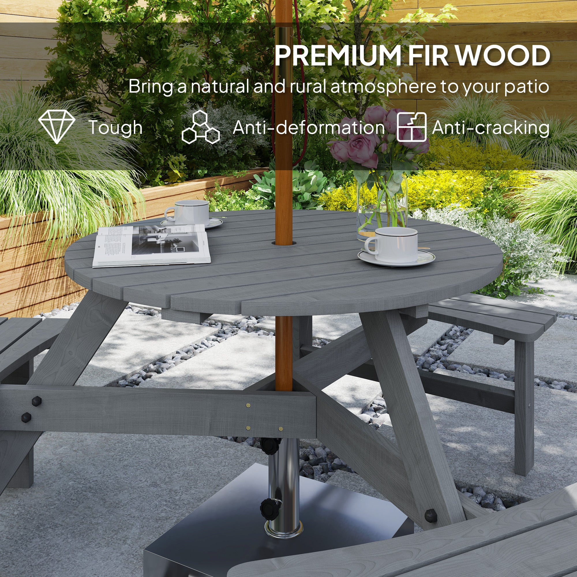 6 Person Round Picnic Table Bench Set with Umbrella Hole, Wood Patio Table with 3 Built-in Benches for Garden, Deck, Backyard, Grey