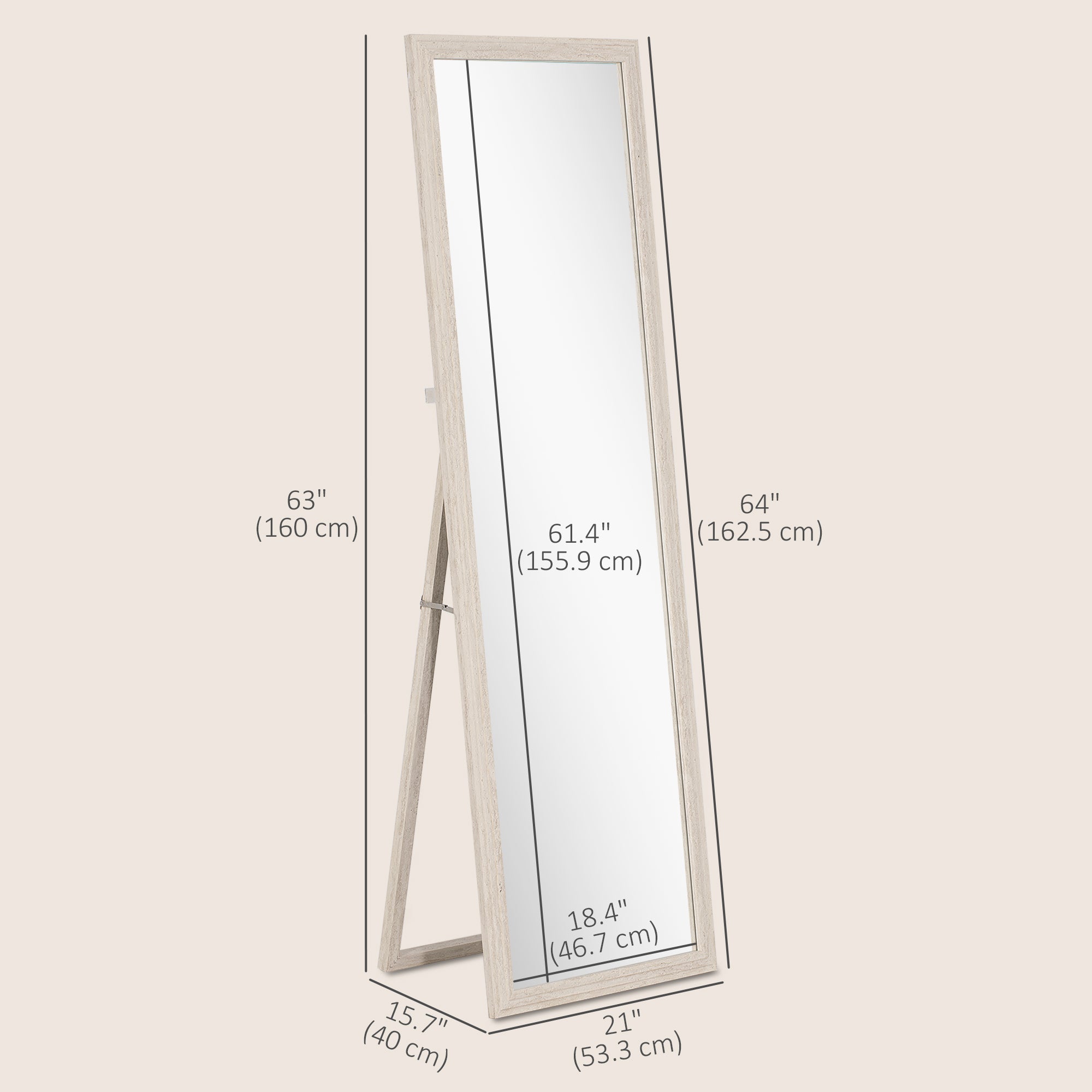 64" x 21" Full Length Mirror, Standing, Wall-Mounted or Leaning Against Wall, for Bedroom, Living Room, White