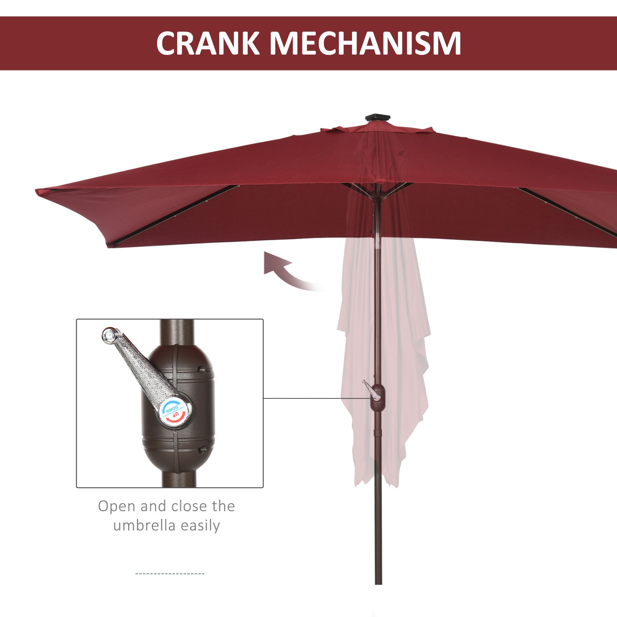 6.5x10ft Patio Umbrella Rectangle Solar Powered Tilt Aluminum Outdoor Market Parasol with LEDs Crank (Wine Red)