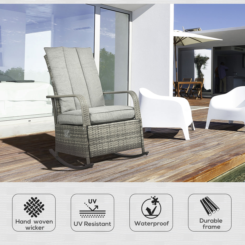 Outdoor Wicker Rocking Chair with Cushion, Patio PE Rattan Recliner Chair with Adjustable Footrest, Armrests, Mixed Grey