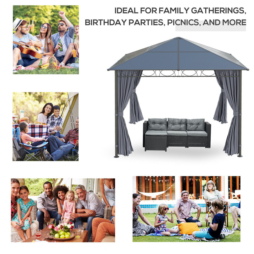 10' x 10' Polycarbonate Hardtop Gazebo Canopy, Outdoor Patio Gazebo with Aluminum Frame & Curtains, Dark Grey