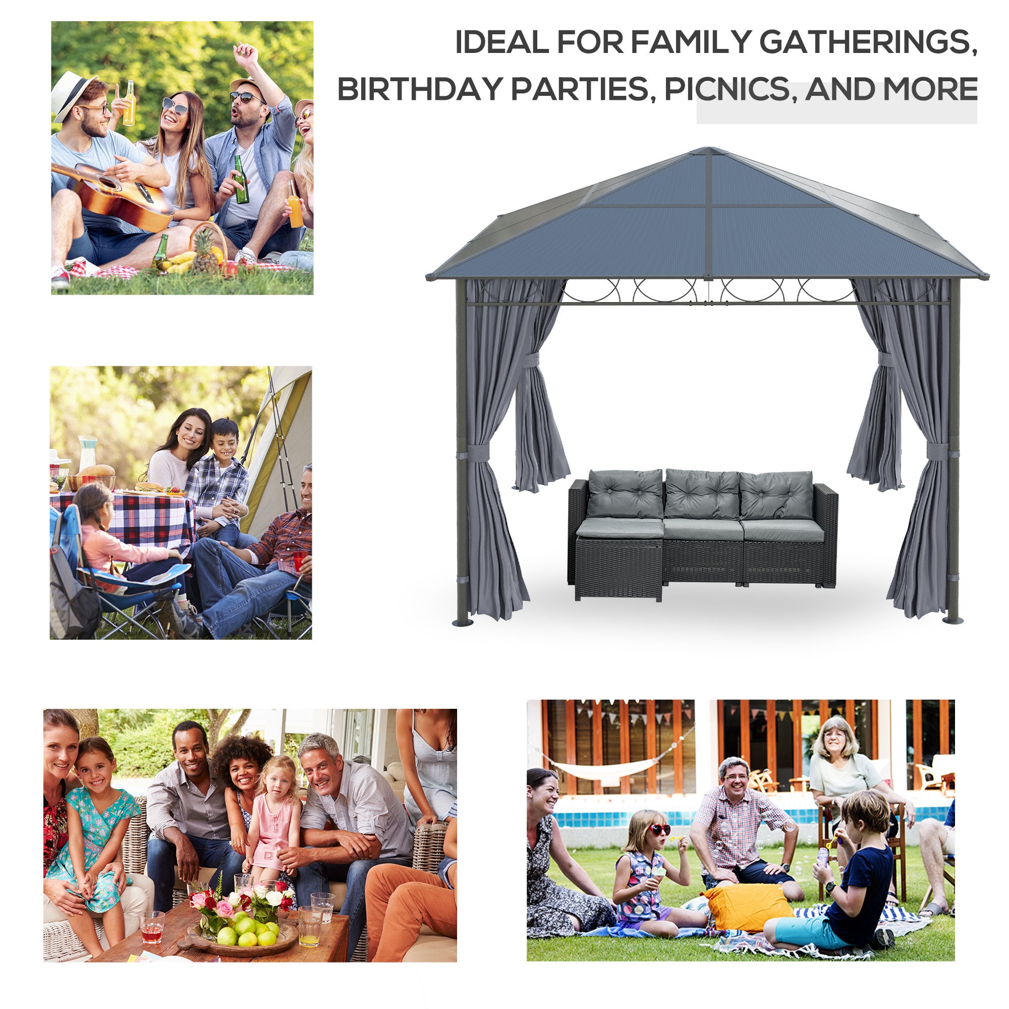 10' x 10' Polycarbonate Hardtop Gazebo Canopy, Outdoor Patio Gazebo with Aluminum Frame & Curtains, Dark Grey