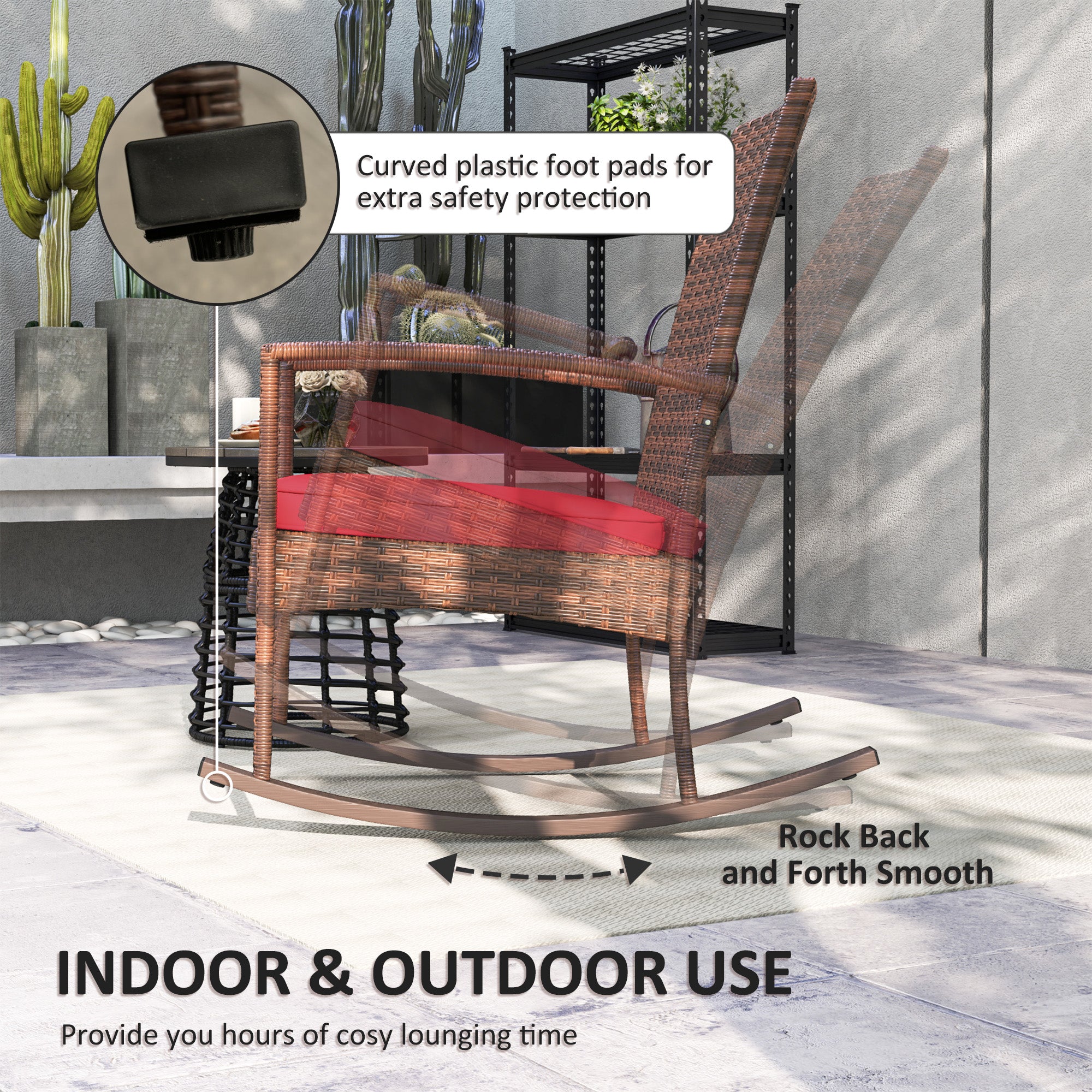 Outdoor PE Rattan Rocking Chair, Garden Glider Rocking Chair, Wicker Patio Chair Set with Armrest and Cushion, Wine Red