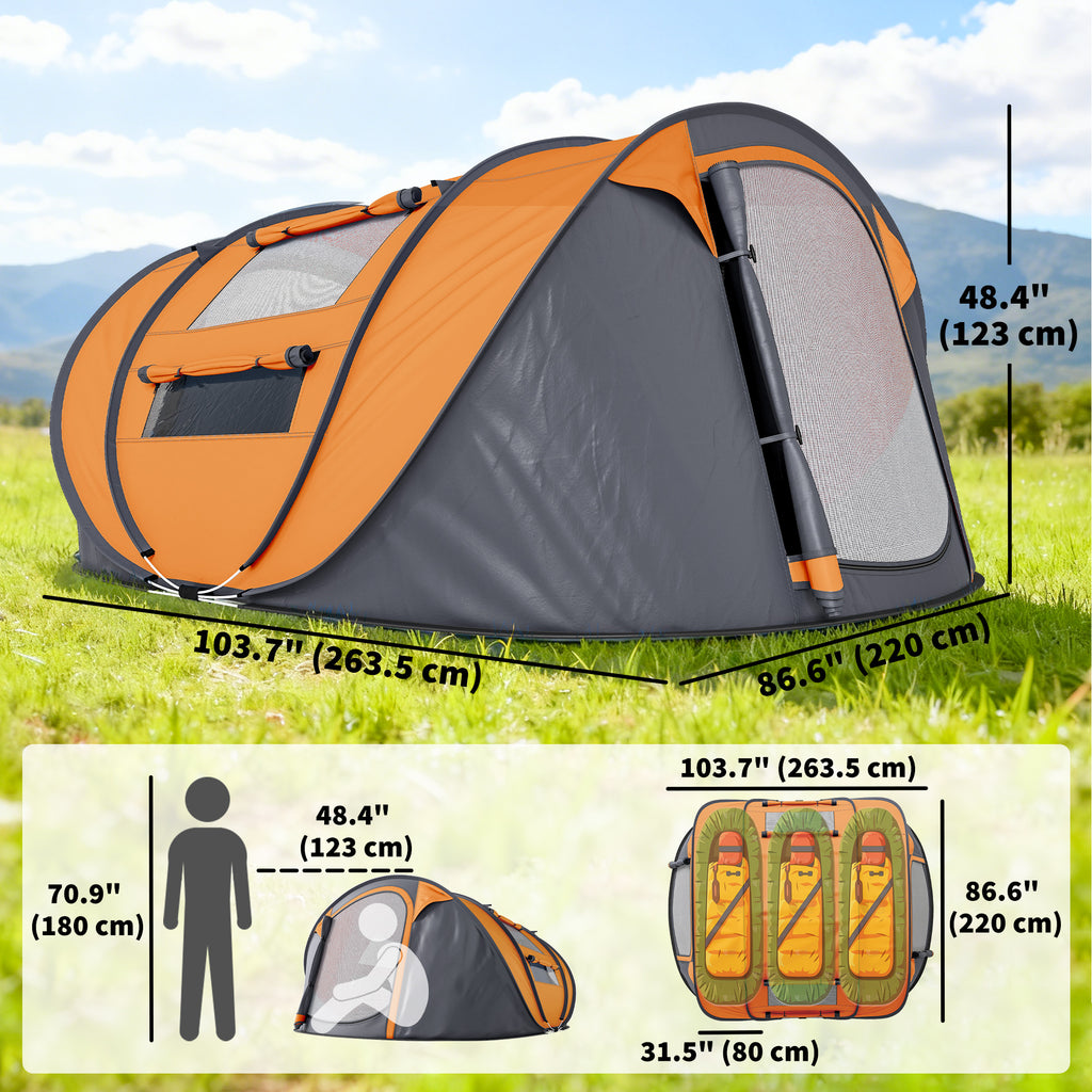 4 Person Camping Tent, Easy Pop Up Tent with Doors, Windows and Carry Bag, Automatic Setup Tent for Hiking, Orange