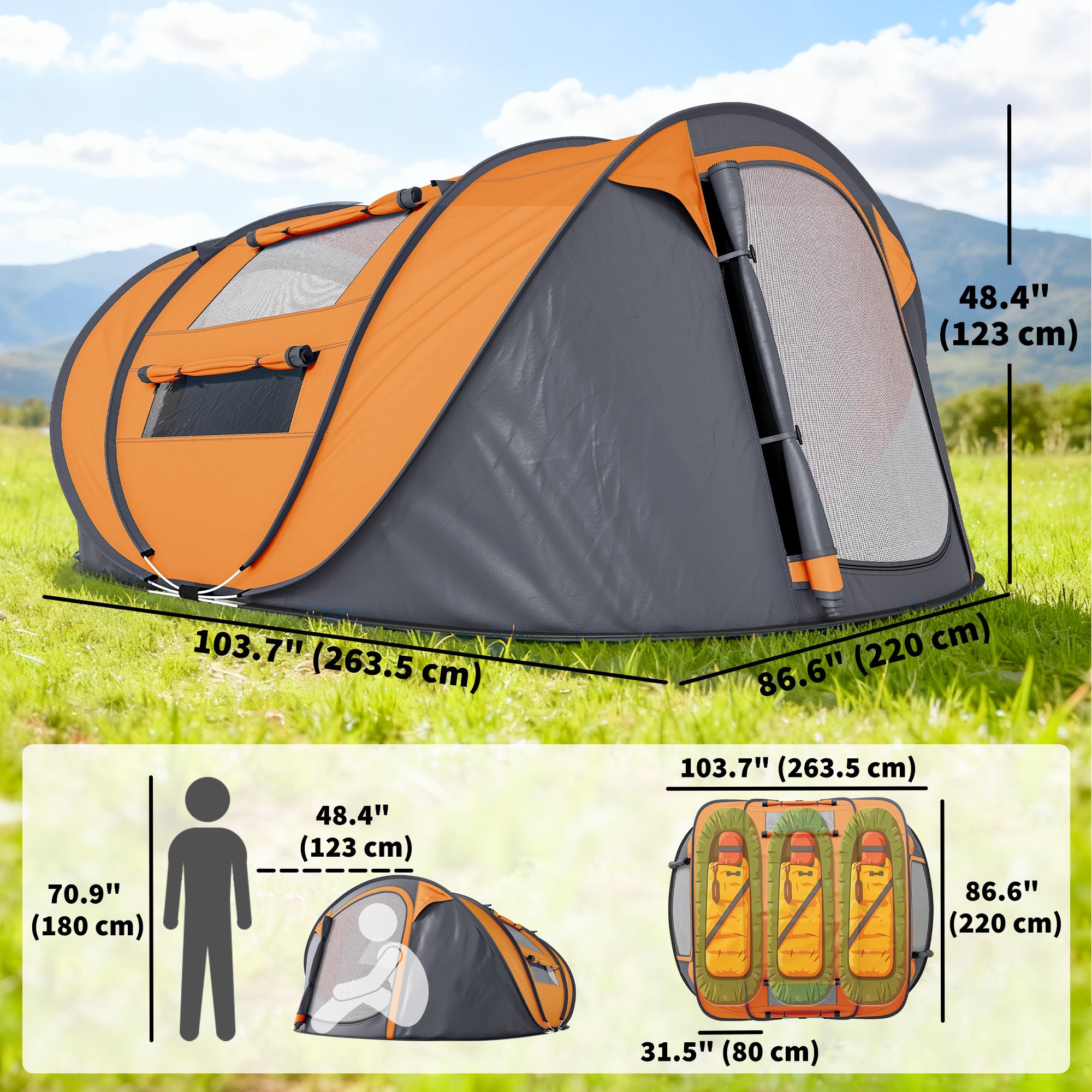 4 Person Camping Tent, Easy Pop Up Tent with Doors, Windows and Carry Bag, Automatic Setup Tent for Hiking, Orange