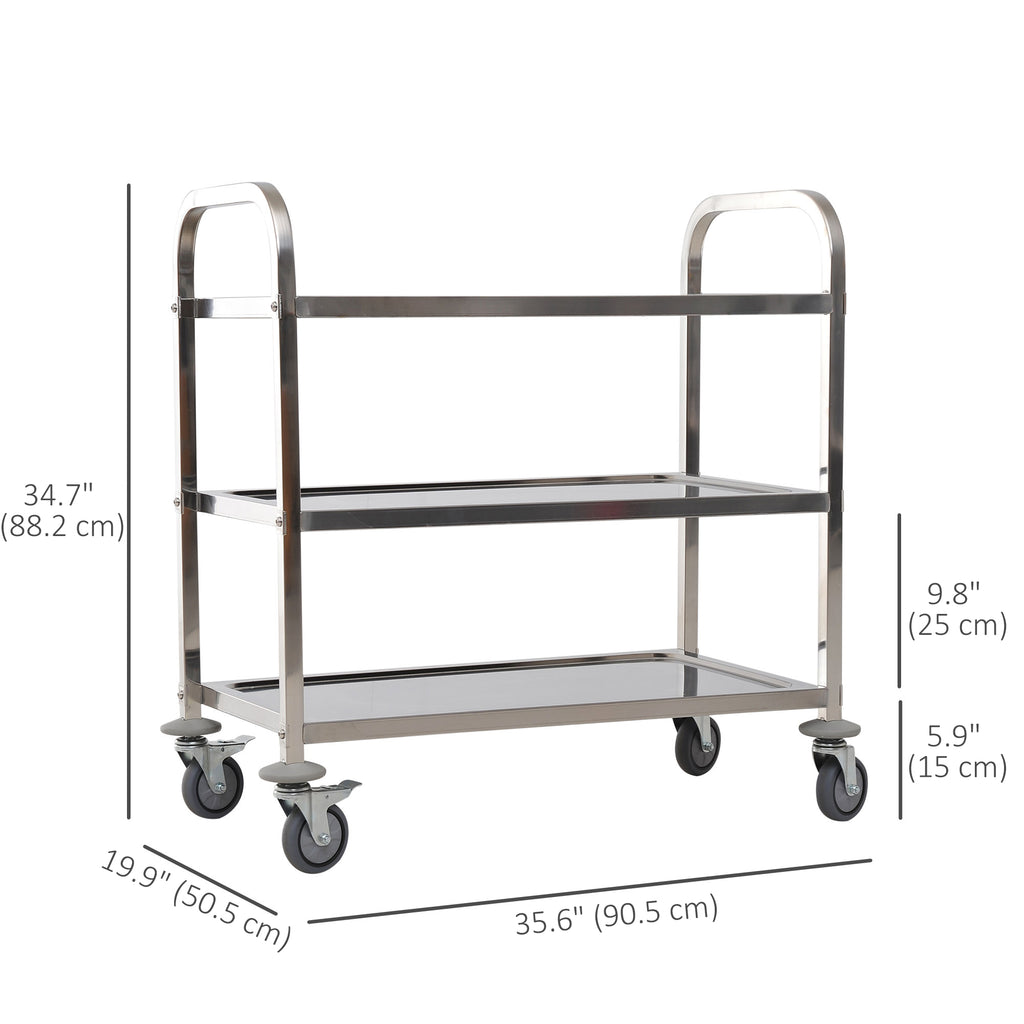 35.6" 3-Tier Kitchen Trolley Medical Treatment Laboratory Equipment Carts, Stainless Steel Rolling Kitchen Island, Wheeled Storage Utility Serving Cart, 330LBS Heavy Gauge