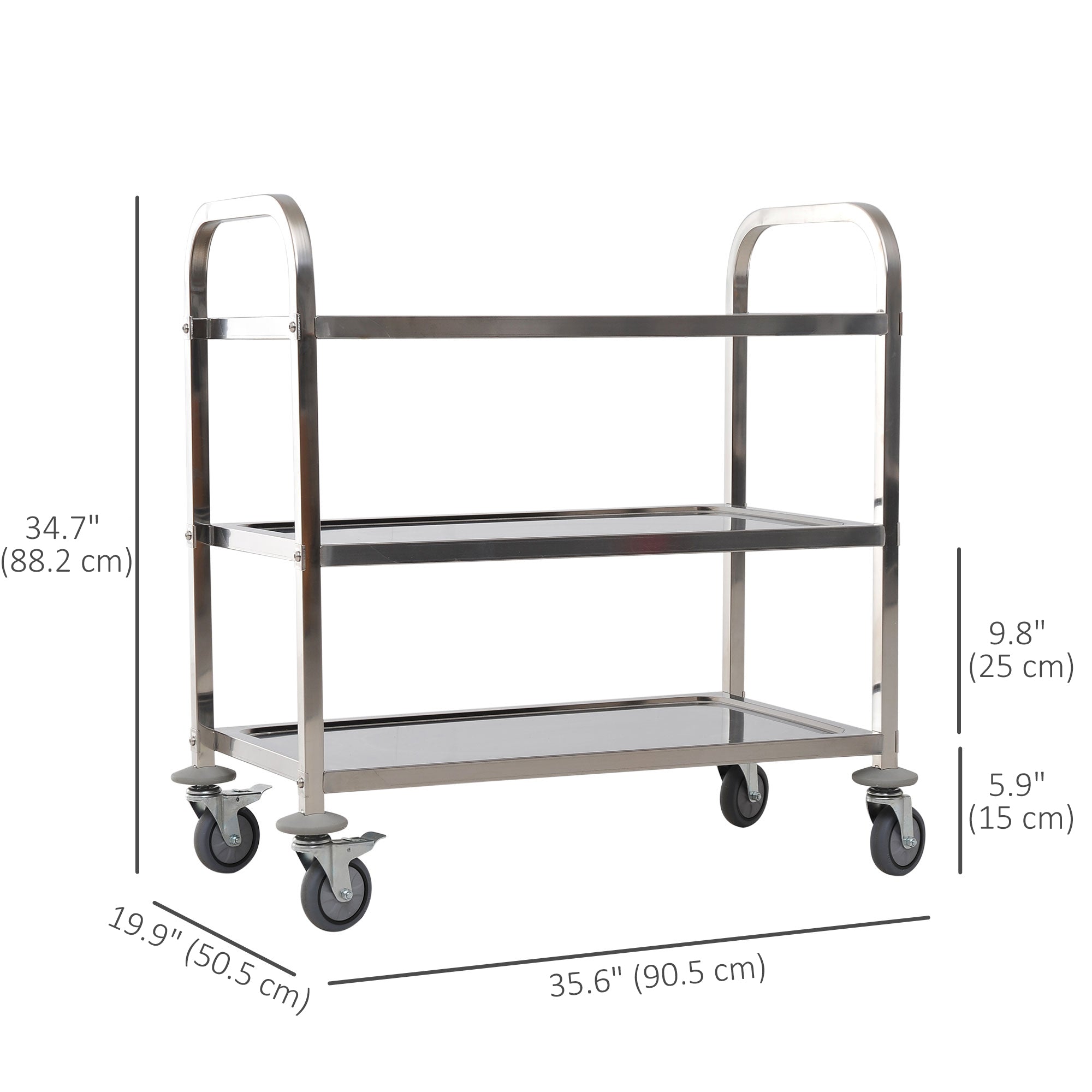 35.6" 3-Tier Kitchen Trolley Medical Treatment Laboratory Equipment Carts, Stainless Steel Rolling Kitchen Island, Wheeled Storage Utility Serving Cart, 330LBS Heavy Gauge