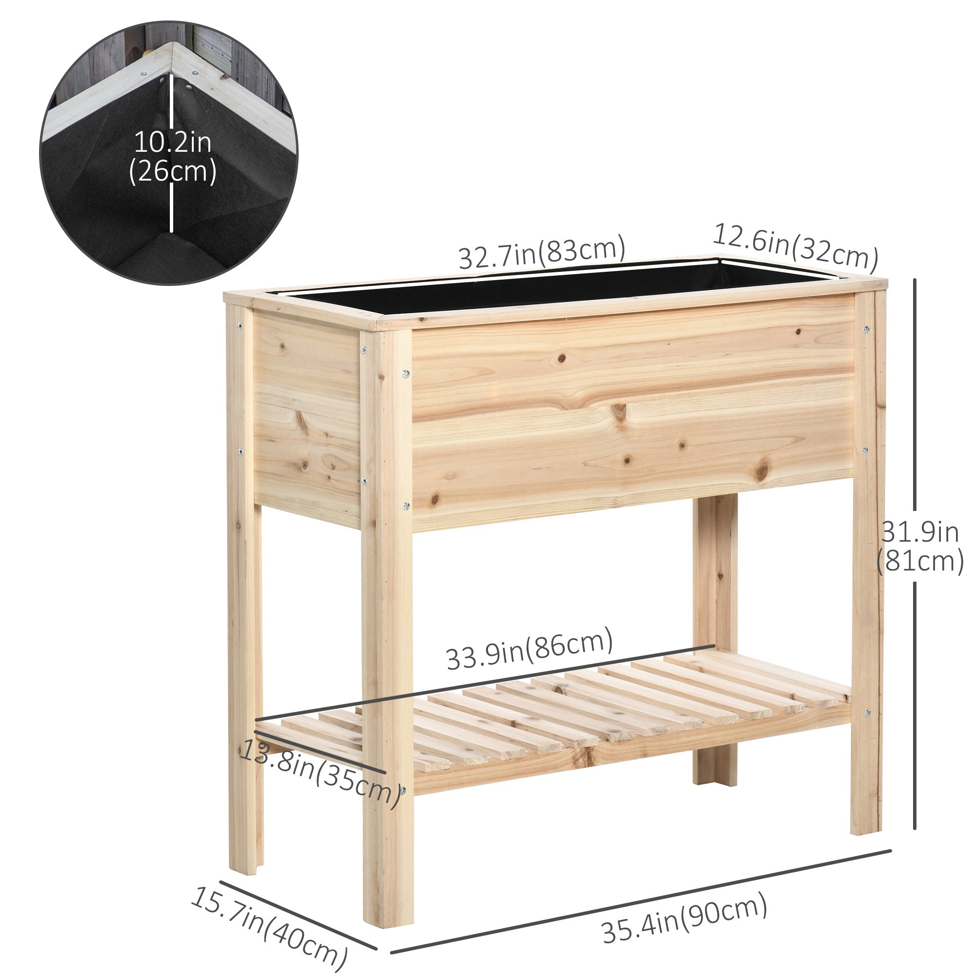 Elevated Planter Box with Storage Shelf for Flowers, Vegetables, and Herbs, 36" x 16" x 32", Natural
