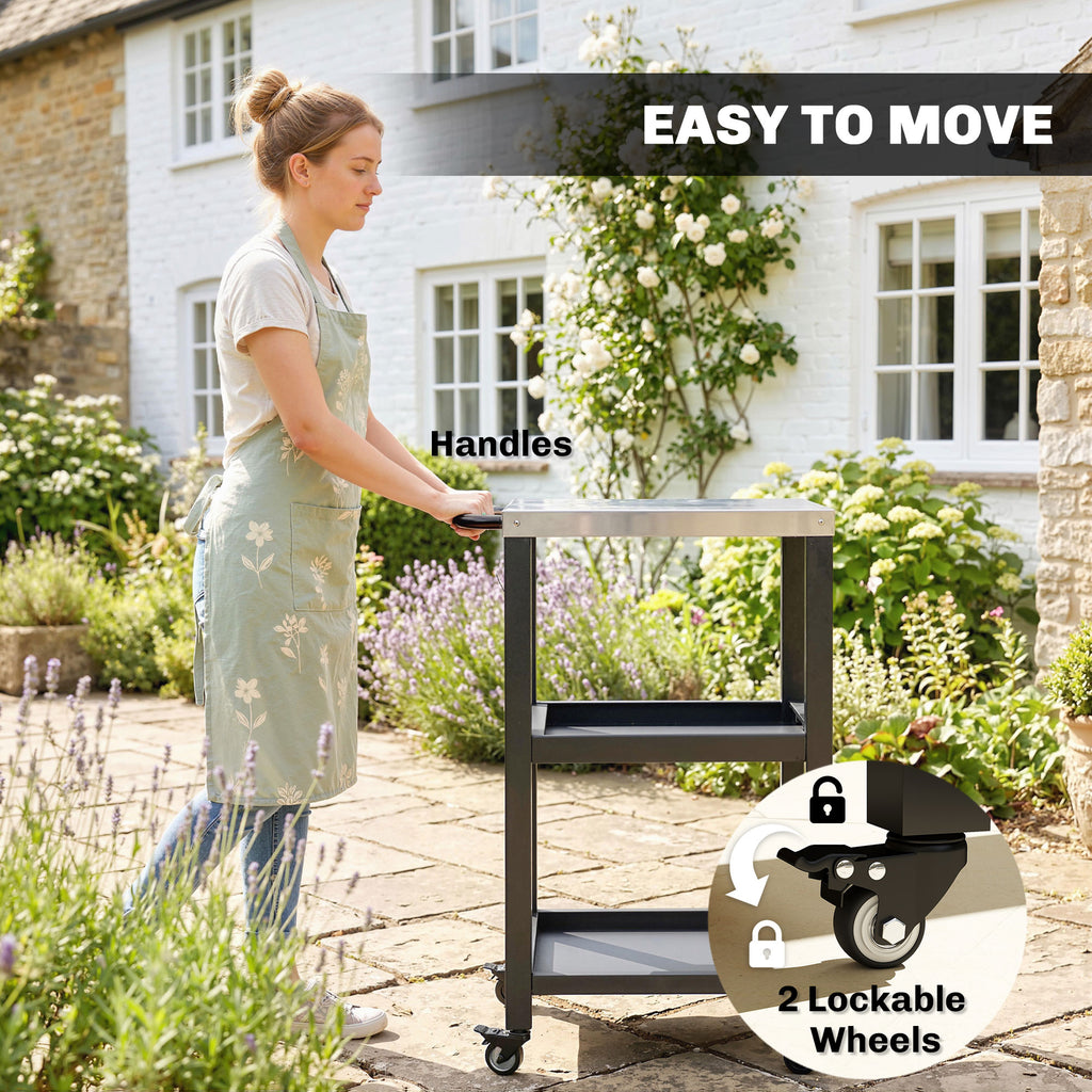 Outdoor Grill Cart with Stainless Steel Tabletop, 2 Shelves, Rolling Prep Dining Cart with Lockable Wheels