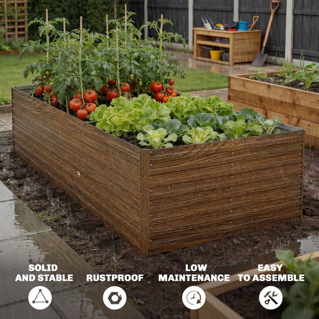 8' x 4' x 2' Raised Garden Bed, Galvanized Planter Box for Growing Flowers, Herbs and Vegetables Dark Brown Wood Effect