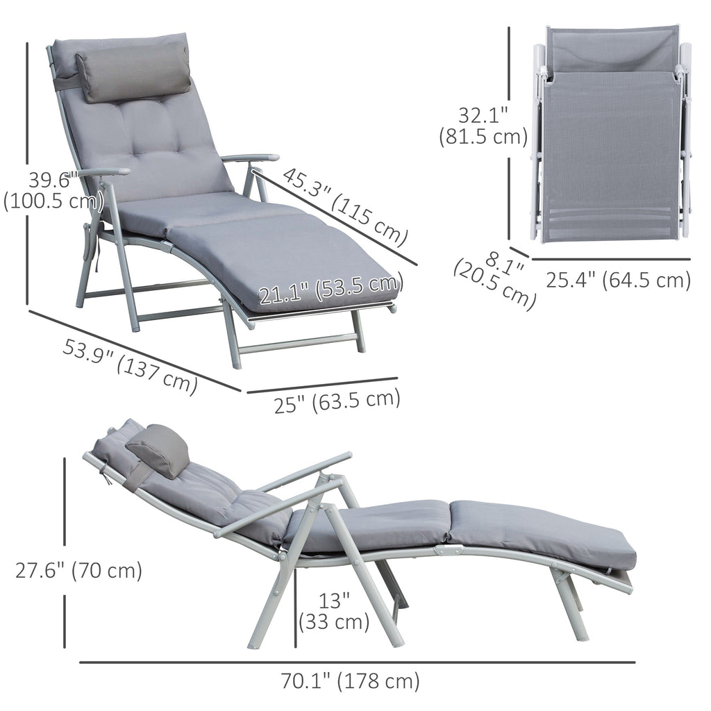 Lounge Chair Outdoor, Folding Patio Chaise Lounger, 360 lbs 7-Position Adjustable Back Outdoor Recliner with Cushion, Headrest for Garden, Backyard, Poolside, Grey