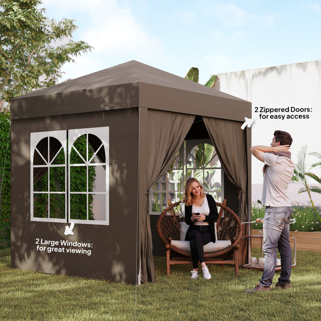 6.6'x6.6' Pop Up Canopy Tent with Sidewalls, Instant Sun Shelter Camping Gazebo with Carry Bag, Coffee