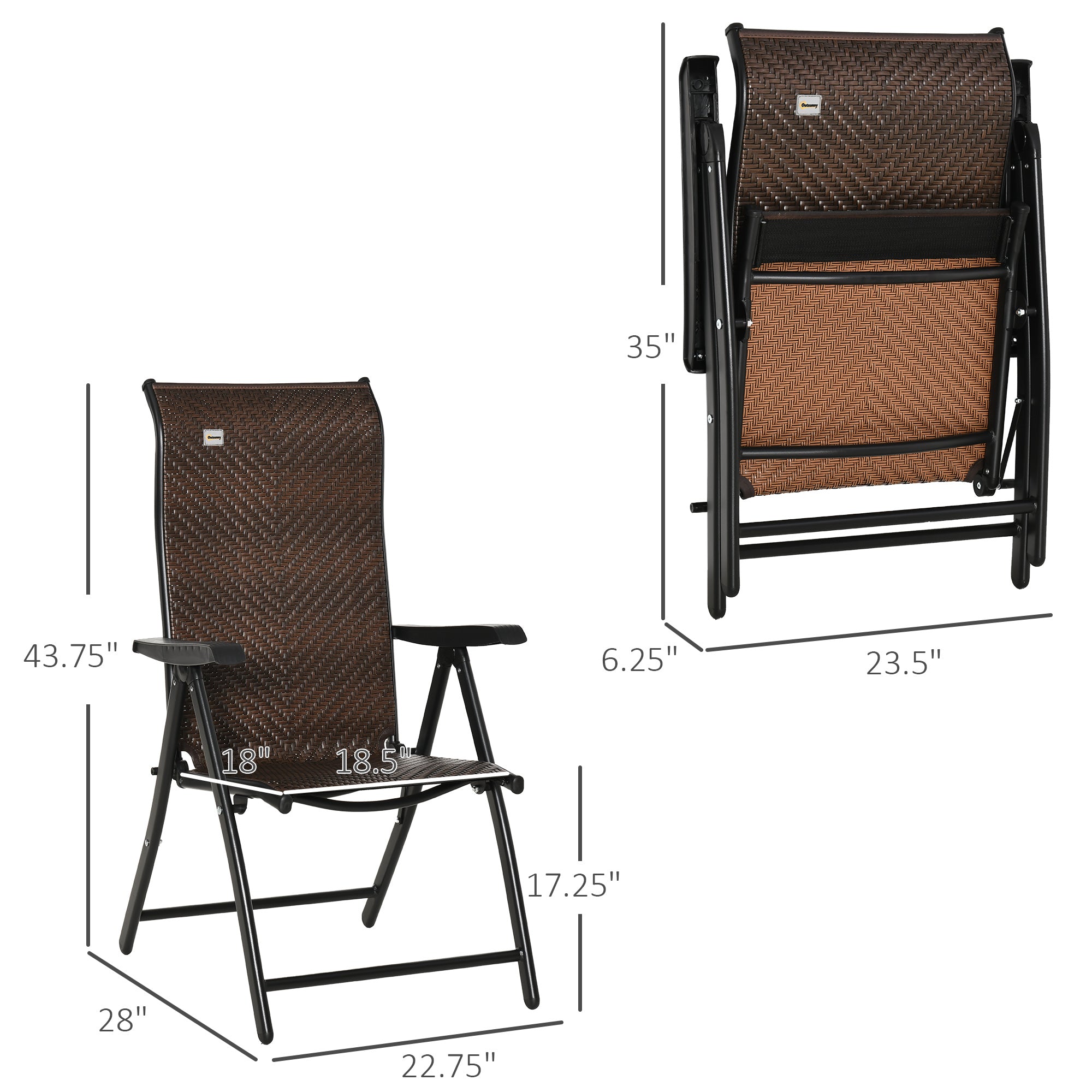 Rattan Reclining Folding Chair, Outdoor Wicker Portable Recliner with 7 Adjustable Backrest Position for Garden, Balcony, Patio, Brown
