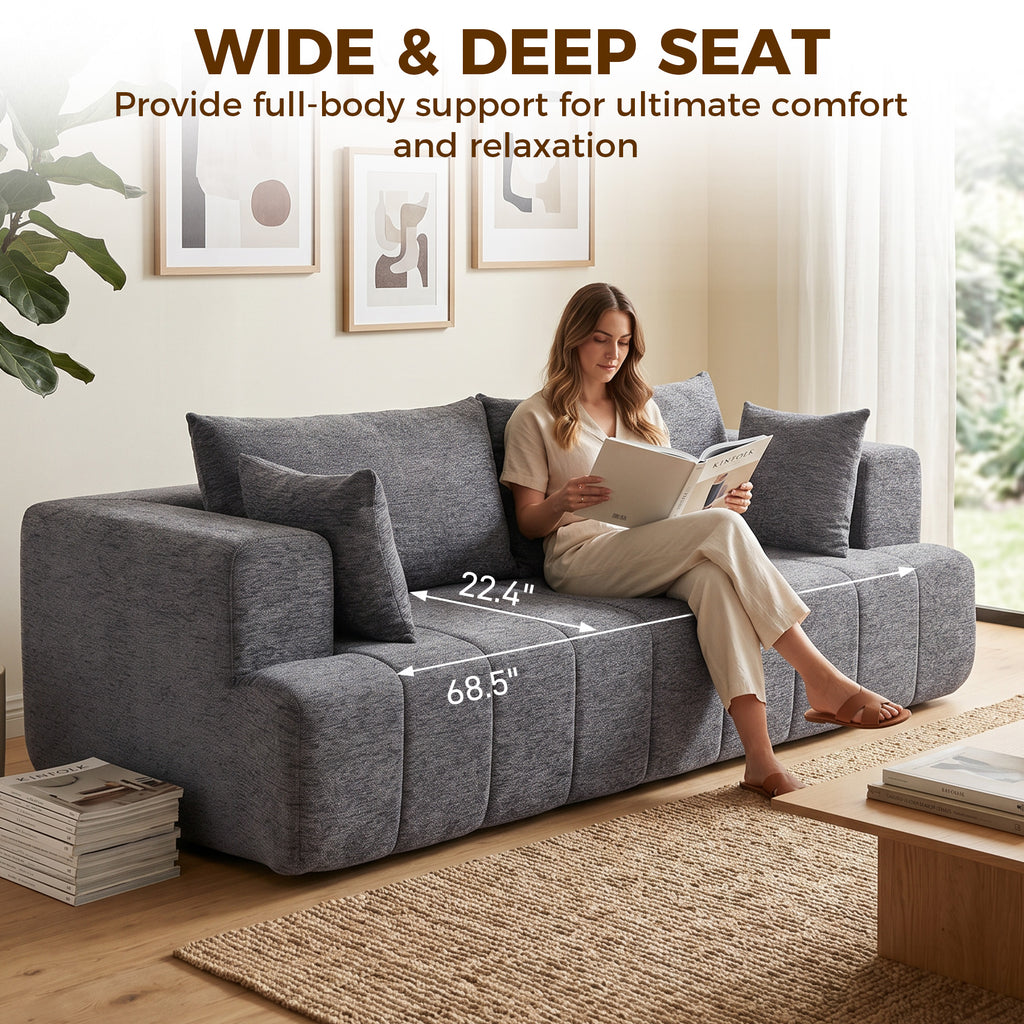 3 Seater Sofa, Chenille Boneless Cloud Couch with Thick Spring Cushion, Wide and Deep Seat, Wide Armrests, Grey