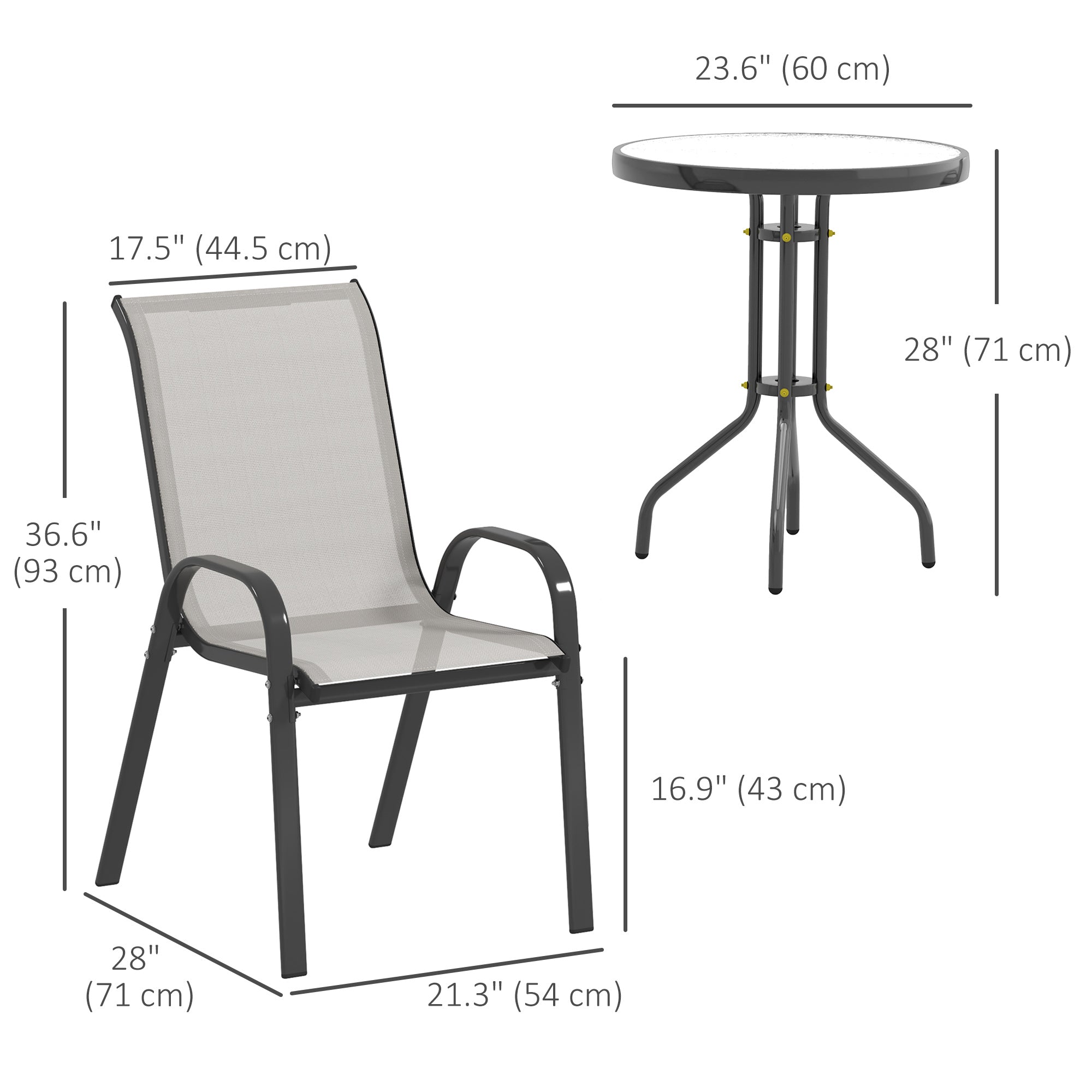 3 Pieces Bistro Set, Small Patio Furniture Set with Stackable Mesh Chairs, Glass Table for Garden, Balcony, Light Grey