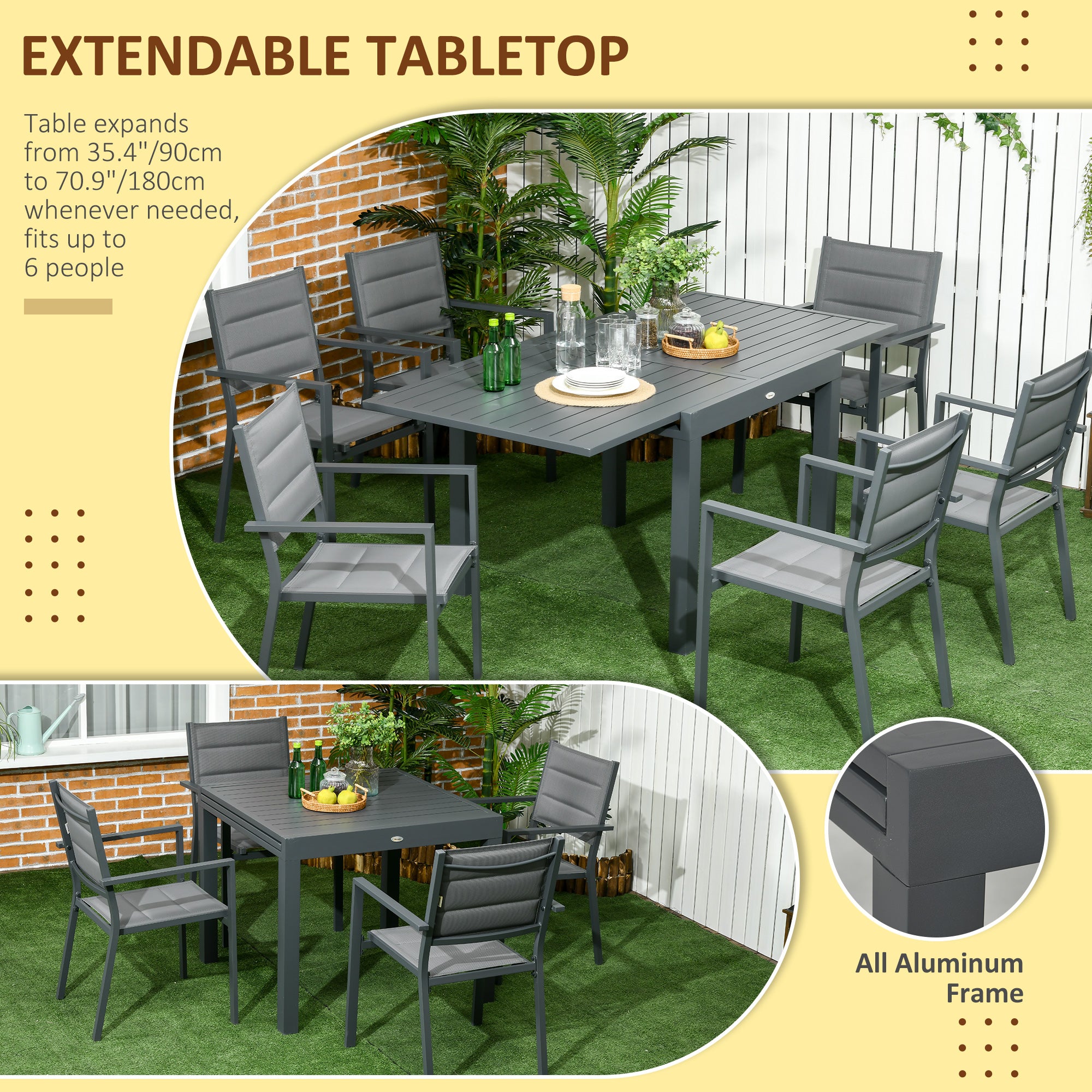 Patio Dining Set for 6, Aluminum Expandable Outdoor Table and 6 Stackable Chairs with Padded Back, Mesh Seat, Dark Grey