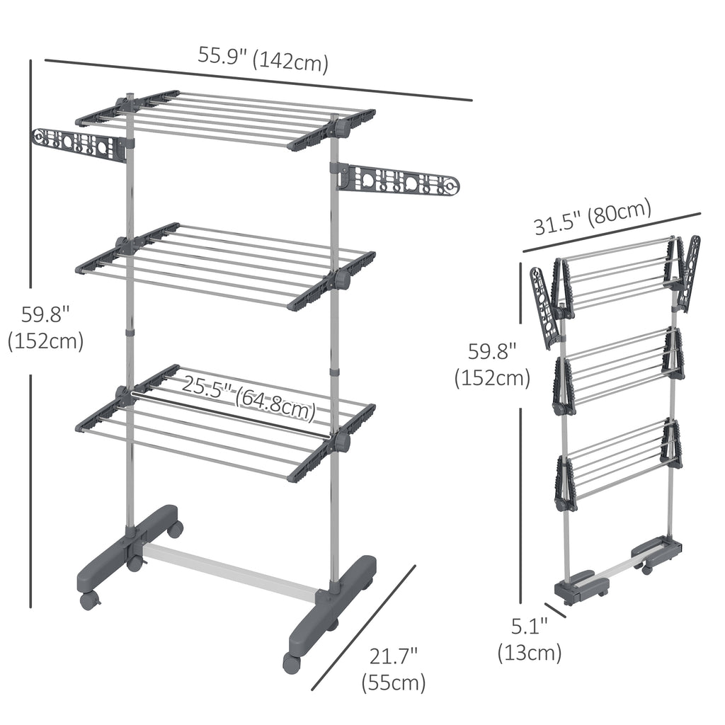 3-Tier Foldable Clothes Drying Rack, Stainless Steel Laundry Rack with 2 Side Wings and 6 Castors, Collapsible Adjustable Clothes Airer for Indoor Outdoor, Grey