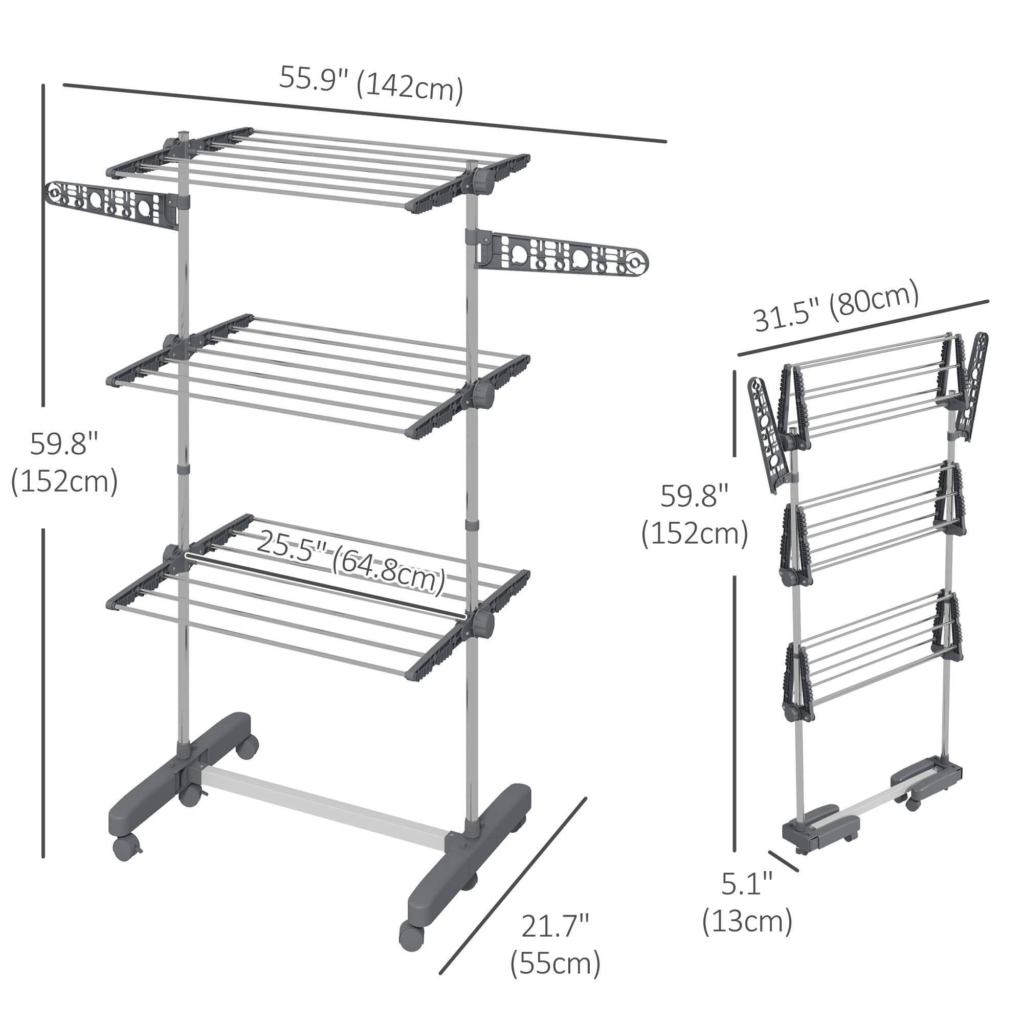 3-Tier Foldable Clothes Drying Rack, Stainless Steel Laundry Rack with 2 Side Wings and 6 Castors, Collapsible Adjustable Clothes Airer for Indoor Outdoor, Grey