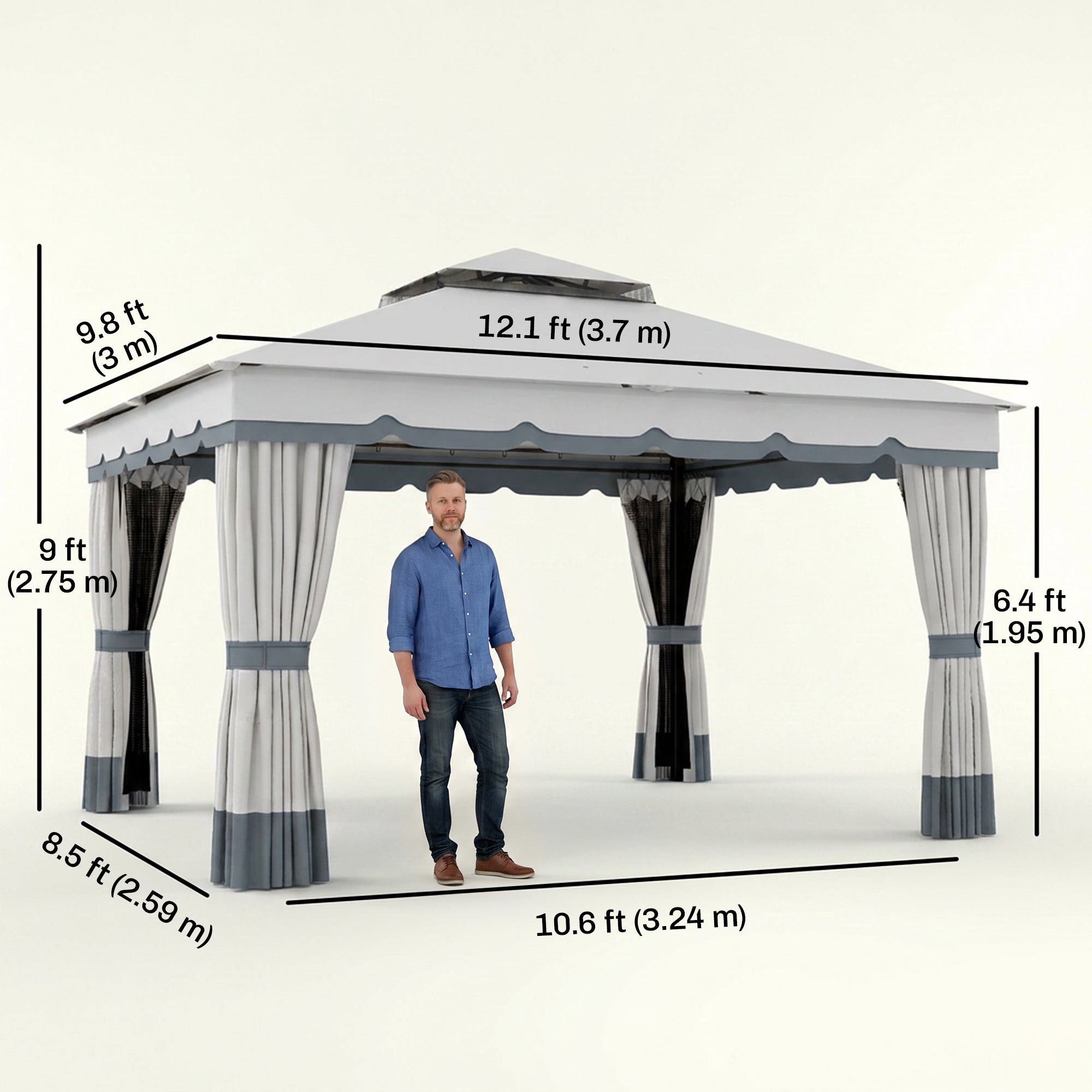 10' x 12' Double Roof Patio Gazebo Canopy, Outdoor Gazebo Shelter with Netting & Curtains, for Garden, Lawn and Deck