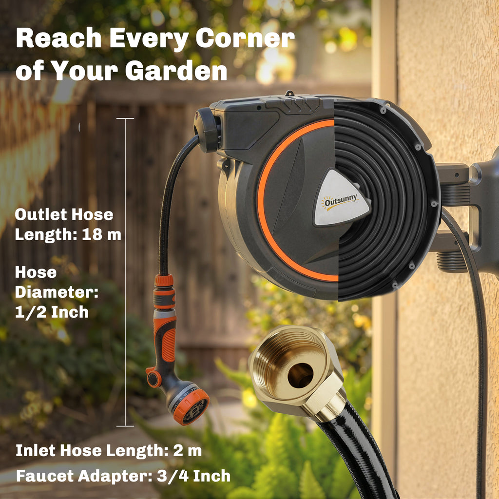 Retractable Garden Hose Reel, 1/2" x 59ft Wall Mounted Hose Reel with 12-Pattern Nozzles, Auto Retraction, Self-Locking