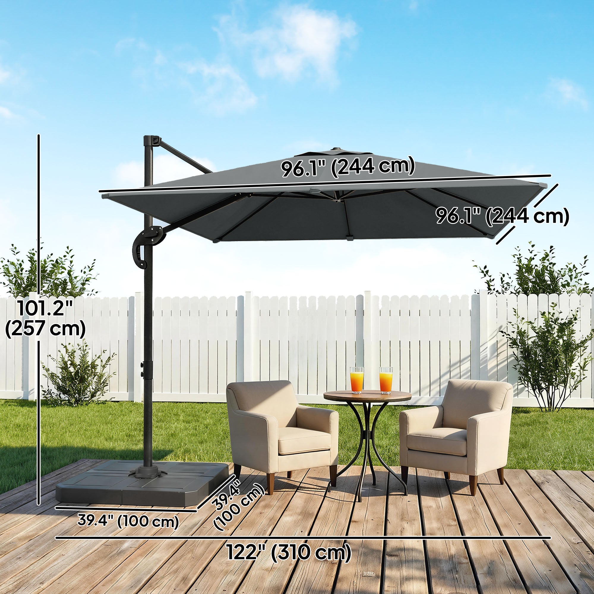 8' x 8' Offset Cantilever Patio Umbrella with Base Weights, UPF50+ Cantilever Parasol with 360Â° Rotation, Dark Grey